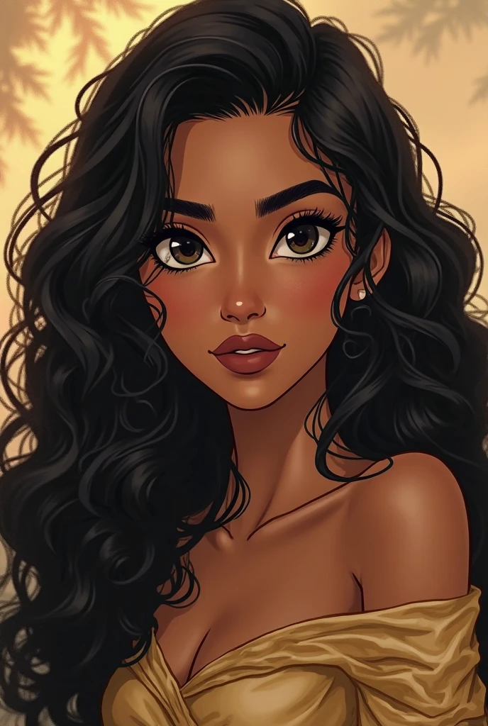 ((Artwork, 8K, soft lighting)), 1 sexy woman, black skin, long curly black hair with blonde highlights, flower in hair, with a smile on her lips, closed, blue iris, big nose, medium lips, wearing gold earrings, white off-the-shoulder long-sleeved shirt, wearing black wide pants with chains, wearing black shoes.