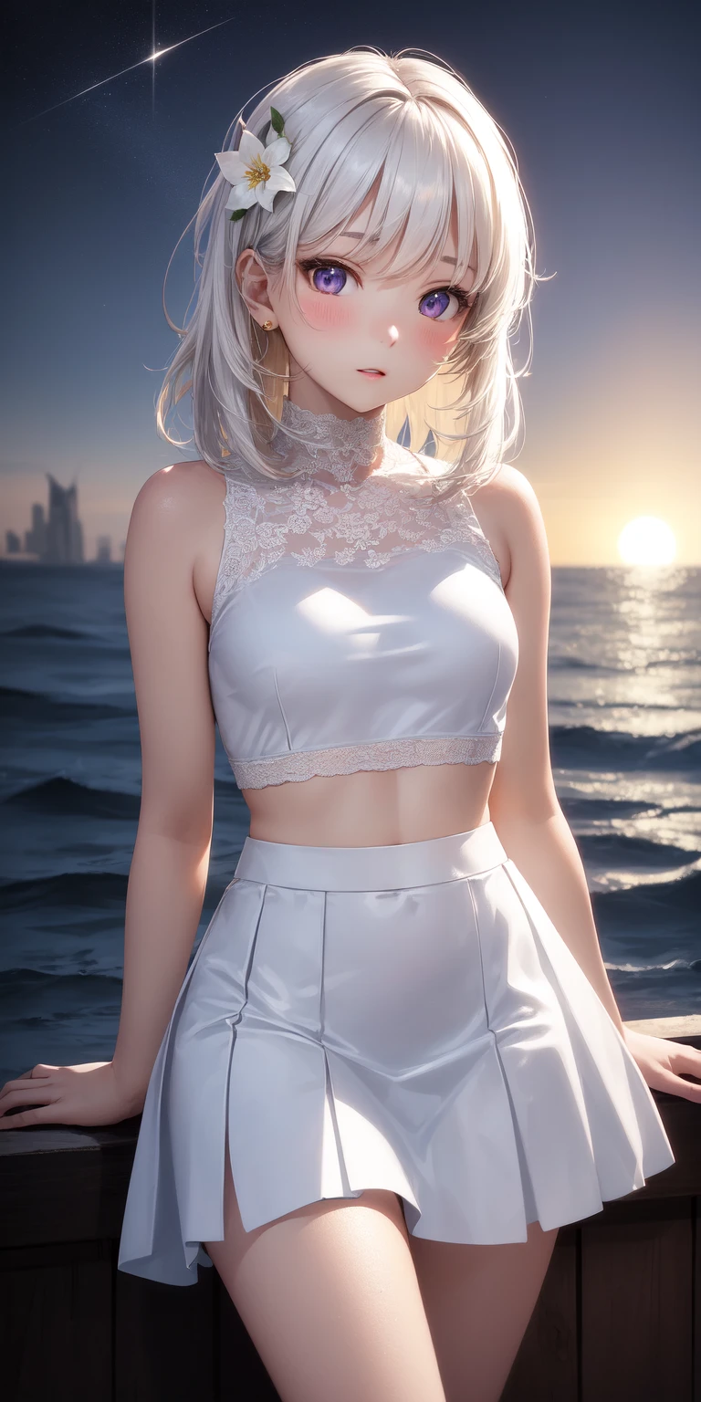 Realistic, 1girl, white hair, purple eyes, glowing eyes, cropped top, skirt, parted lips, blush, night, flowers, sun, sunlight, white skirt, short skirt, medium length hair, real, warm colors, white short Dress, white clothes, light background color, day environment, bright color background, saudi, ocean, cute,