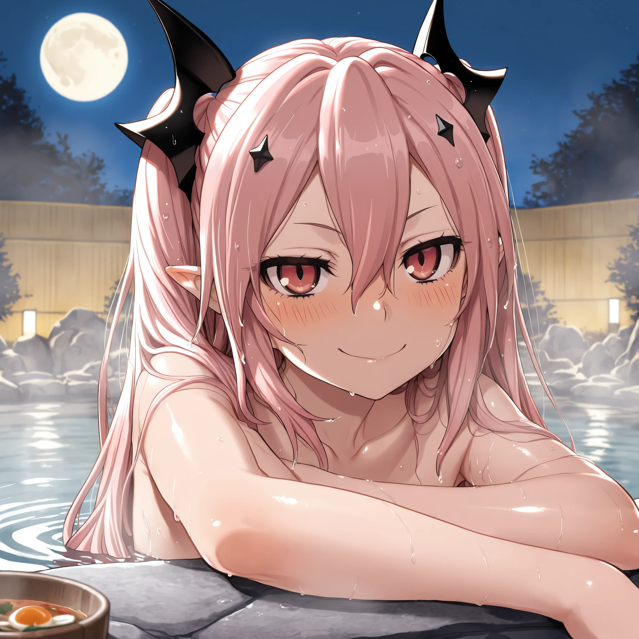 (masterpiece, best quality), 1 girl, hot spring, towel, sakura, onsen, blush, pink hair, horns, solo, off shoulder, wrist scrunchie, perfect anatomy
