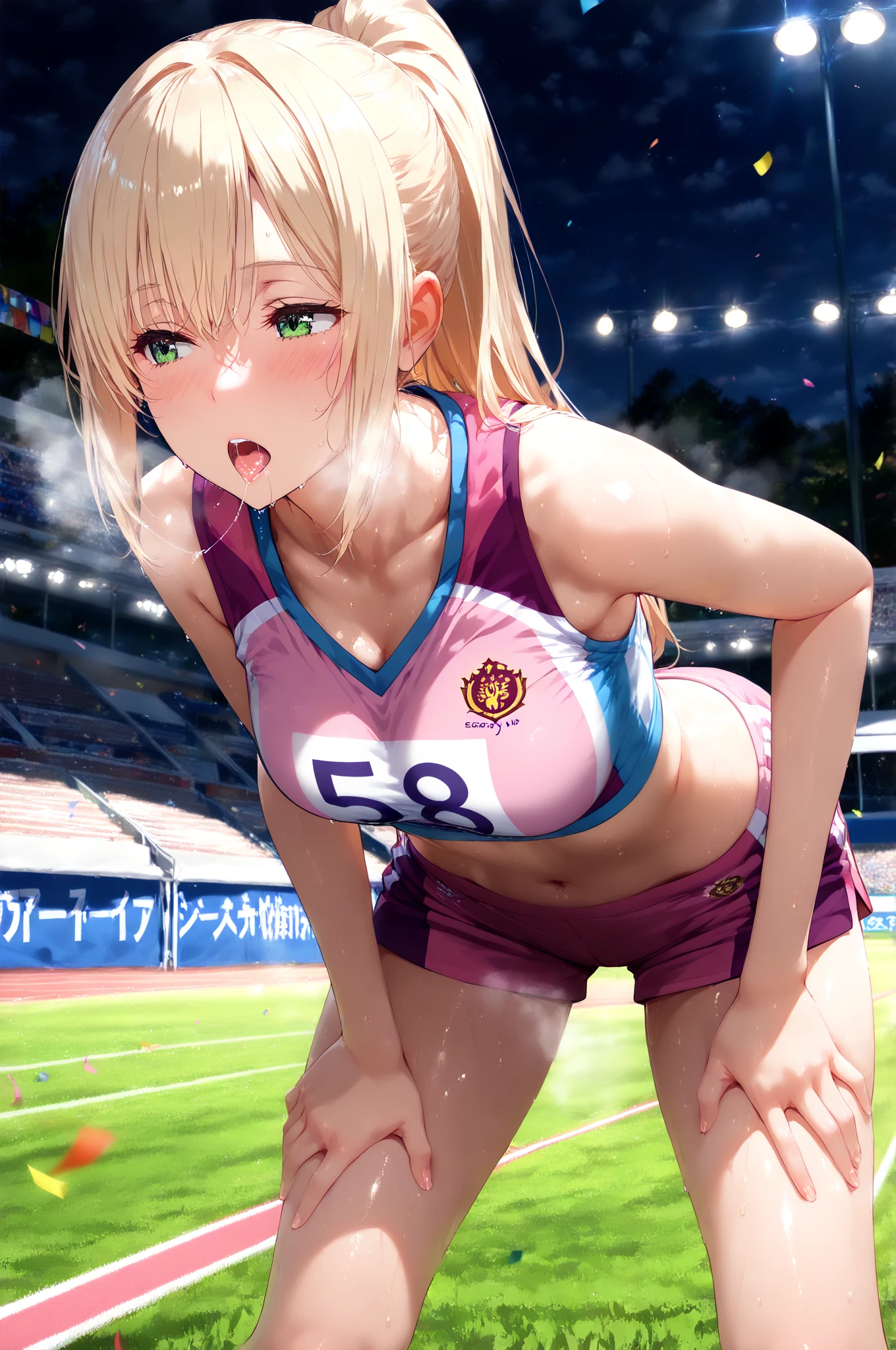 Best Quality, masutepiece, High resolution, (Anime Heroine Illustration), Anime Paint, 1beautiful girl ,Dynamic Angle,Women's Soccer Players,Shoot the ball,small head,Large breasts,nice legs, Glowing skin, Sweat,At the soccer venue ,(Detailed beautiful face:1.4),detailed skins,Detailed eyes,detailed hairs,Detailed beautiful legs,Sporty,