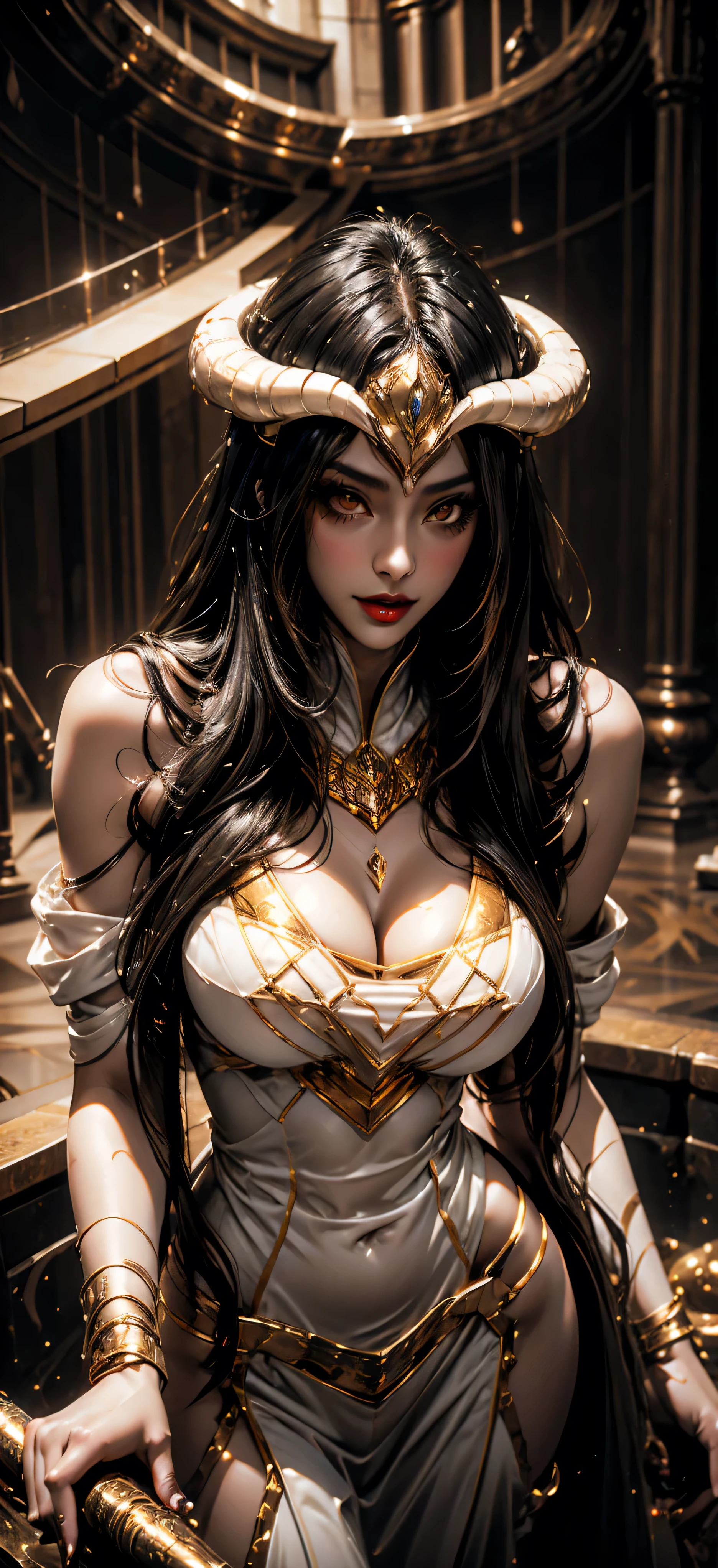 demonic goddess, astarte, mysterious and ominous, glowing blue eyes, graceful yet sinister pose, dramatic lighting, moody and atmospheric, cinematic camera angle, (best quality,4k,8k,highres,masterpiece:1.2),ultra-detailed,(realistic,photorealistic,photo-realistic:1.37), volumetric lighting, golden hour