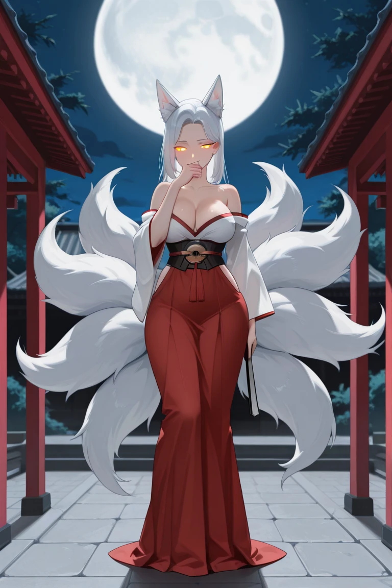 Fox girl extreme muscular body, geisha outfit, fair skin, fox ears, 9 fluffy fox tails and gigantic breasts.