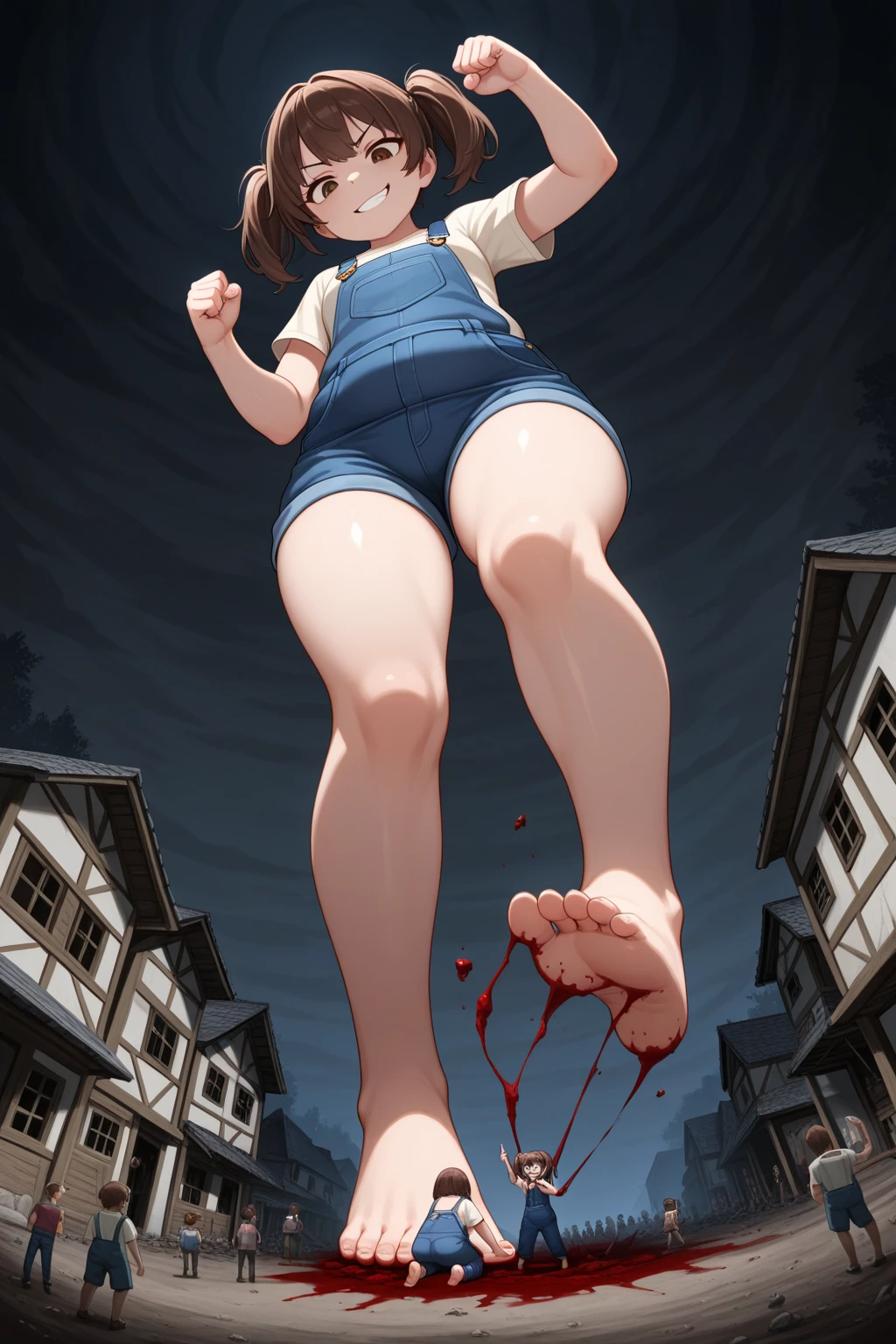young girl, shot from below, one foot up, presenting foot to viewer, about to step on viewer, laughing, long brown hair and brown eyes, casual clothes, in the jungle, standin on one leg, standing above viewer, tiny red spots on her sole, blood spots on sole, from below