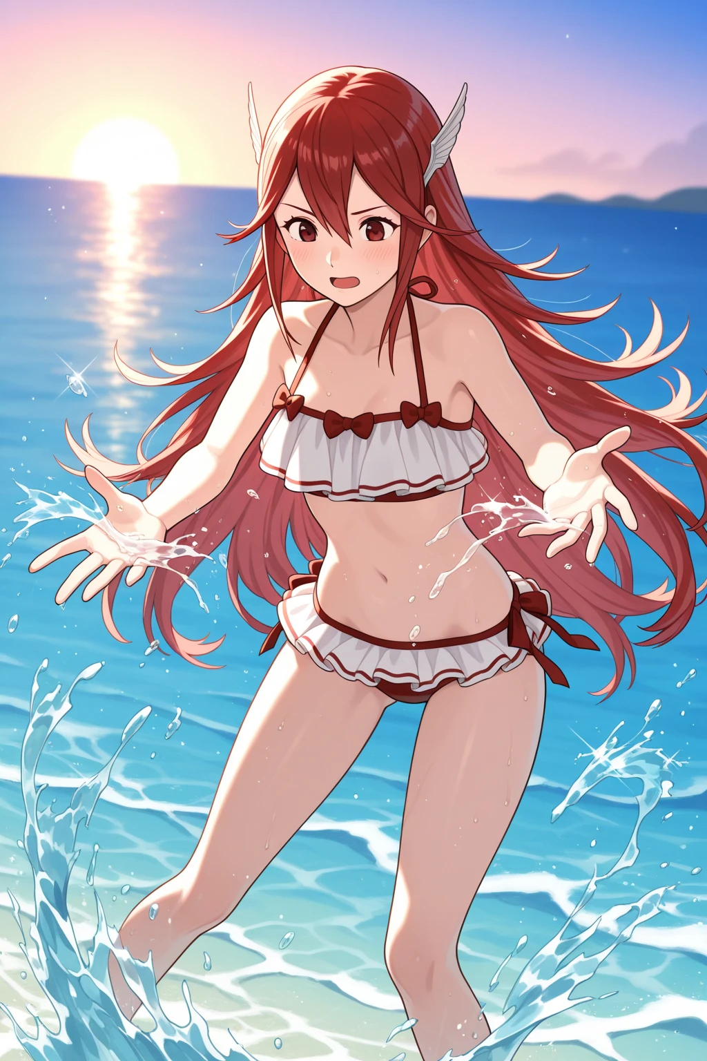 furry girl, cat, red hair, knight bangs hairstyle, long ponytail, anime style, medium breasts, blue eyes, ((red vest, open clothes, yellow bikini, purple skirt, princess crown)), high quality, detailed body, detailed eyes, detailed face, masterpiece, glistening body, detailed body fur, best quality, two tone body, pink fur, clear pink fur, perfect lighting, perfect shadows, perfect eyes, perfect hair, perfect face, gorgeous body, :3, open mouth, clear sky, beach, standing, looking at you, full body, feets with three toes, action: super punch, fight, fist,