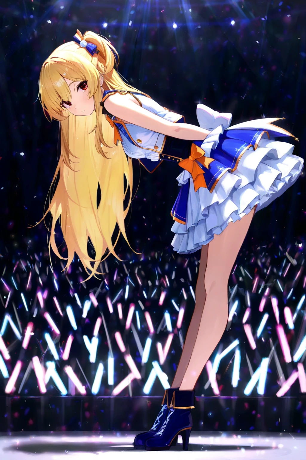 Taiga_Aisaka in sexy Brazilian carnival outfit and light blue stripper sexy platform open high heels posing happy front
