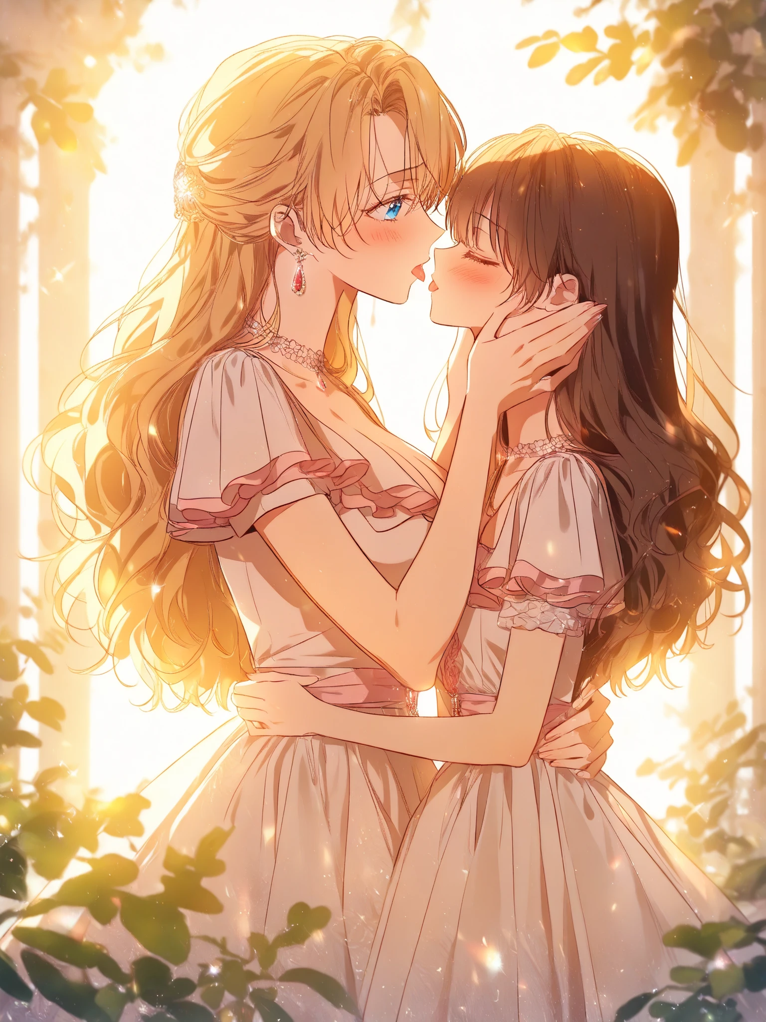 Brunette loli x milf, 3/4 view, cinematic, day time, Beautiful and atmospheric, gorgeous vfx, high contrast lighting, (masterpiece, best quality:1.2), atmospheric details, height difference, size difference, age difference, lesbian, Yuri, (duo focus), (depth of field:1.2), absurdres, highres, soft lighting, soft shadows, kissing, French kissing, kissing with tongue, beautiful manhwa victorian background, {1girl, tall blonde milf, large breasts, sexy milf, messy bangs, jewel blue eyes, dominant and sexy, milf wearing cottagecore dress, leaning into kiss, milf’s hands caressing loli’s cheek, milf dominating loli}, {1girl, short little brunette girl, long straight brown hair, small breasts, cute little girl, blunt bangs, brunette with closed eyes, dark blush, cottagecore dress}