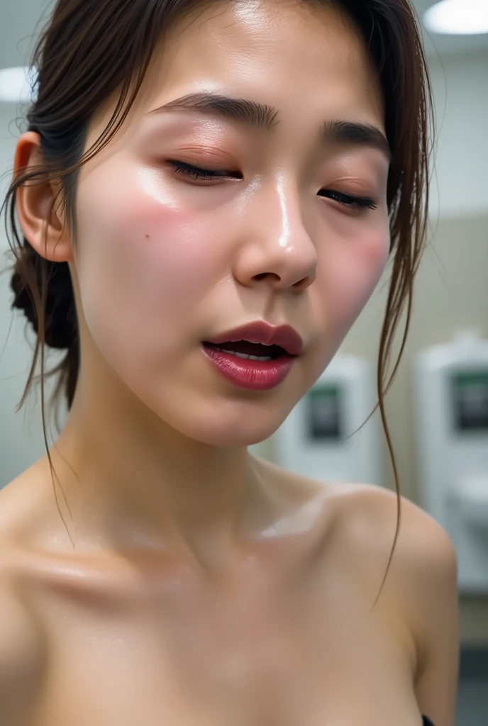 Beautiful Japanese actresses,(photo Realistic:1.4), (hyper Realistic:1.4), (Realistic:1.3),Very detailed, Edge Orgasm,face Focus, Woman with open mouth and closed eyes , Edgy Woman _face、Age 35、Black-haired、 News anchor、Very small toilet,((Sweat)),((skin shining with Sweat))((Clabrasion glistening with Sweat,face shining with Sweat)),（(Sweaty skin))((Sweaty skin)),Sitting on the toilet floor、
