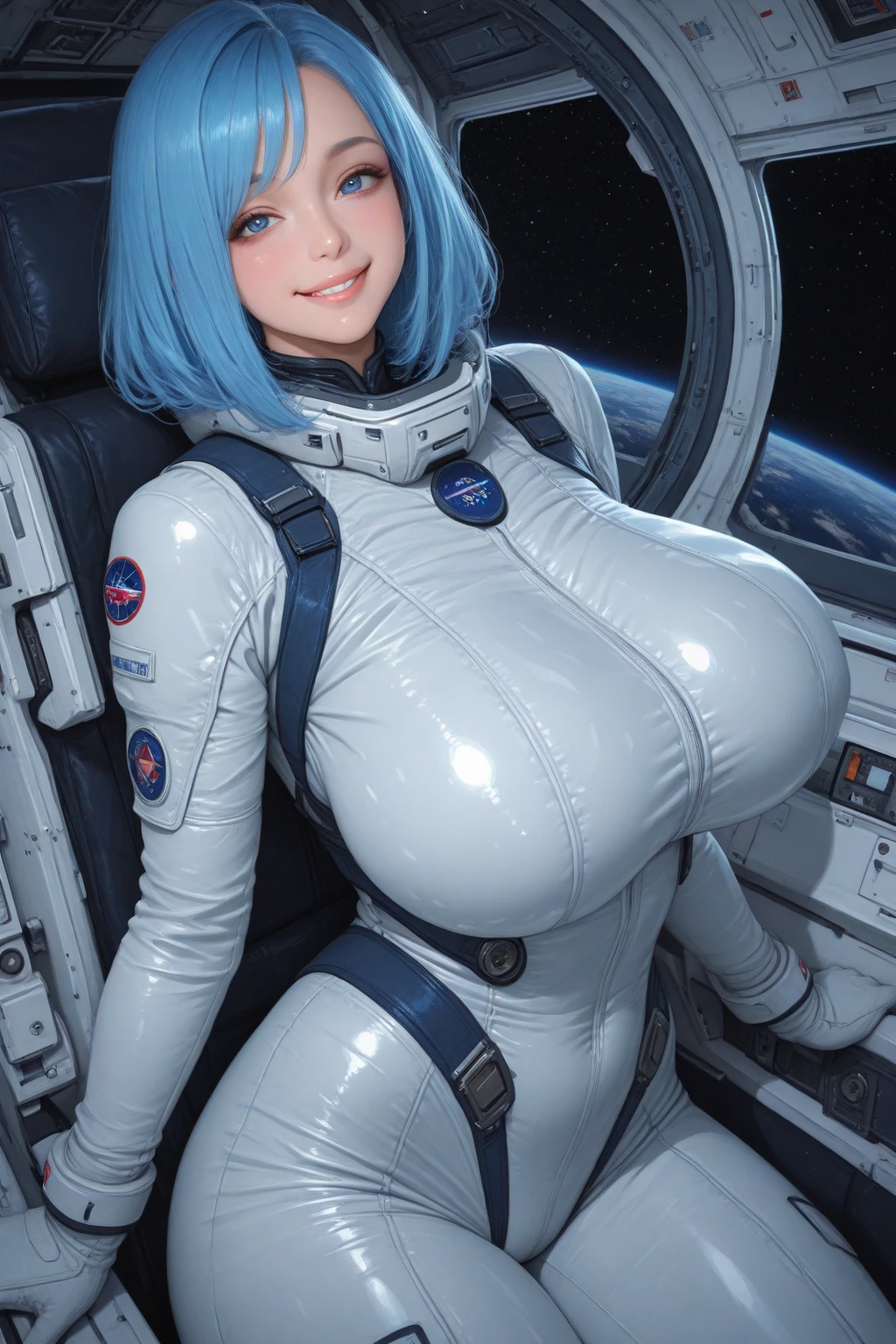 In space,A Fair Beauty Stewardess.Fair beauty,Around 16 years old,Height over 2 meters,Wearing a light white bikini,White knee-high socks on legs,He wears a black collar around his neck,Large target breasts,Large target ,Extra large breasts!,Large target Ass,Fat buttocks!,thigh,Long hair,blond,blond!,Blue eyes,Blue eyes!,Blue eyes!!!,big eyes,Higher nose,White skin,stand upright,Facial details,Delicate face,High nose and deep eyes,Very obvious high nose and deep eyes,Attractive hip curve,Upper Body only,Only the area above the waist is exposed,Sitting