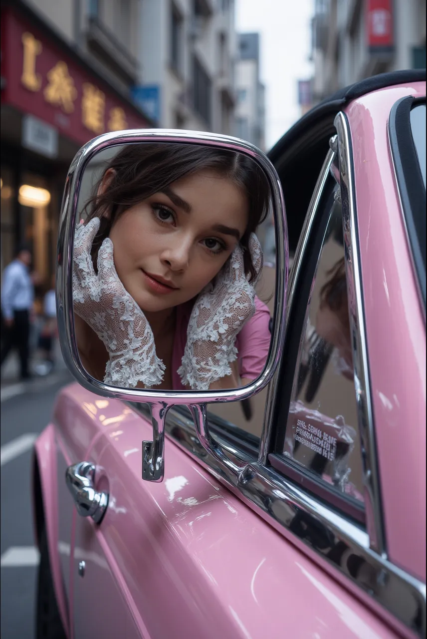 Wanita cantik di kaca spion mobil mewah