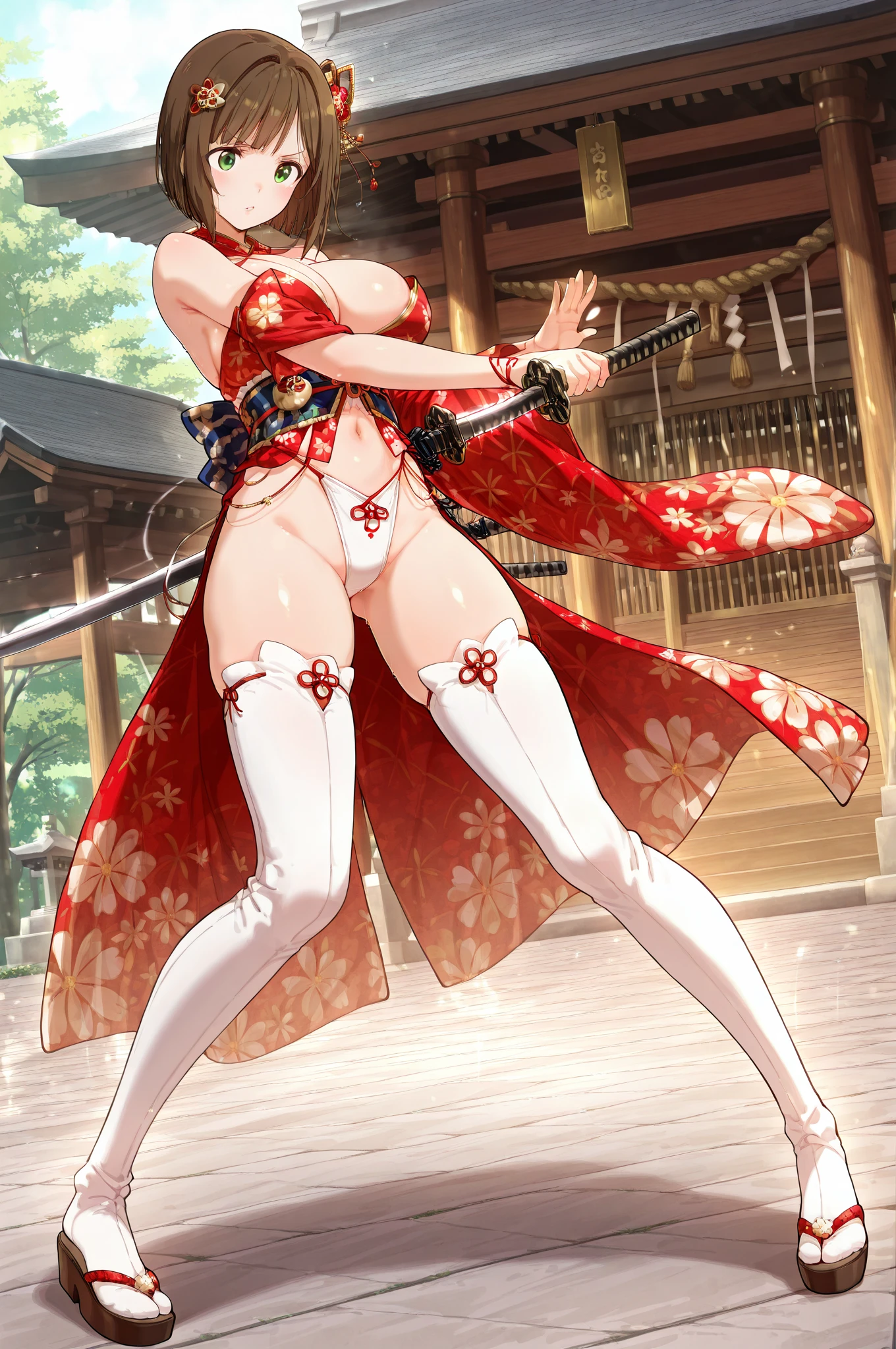masterpiece、High resolution、Highest quality、1 girl、natsuiro matsuri、Festival Base、Back view、Brown Hair、High ponytail、Round green eyes、Sanja Festival、short hair、Headband、Bleaching、Loincloth、Blue Japanese traditional haori、smile