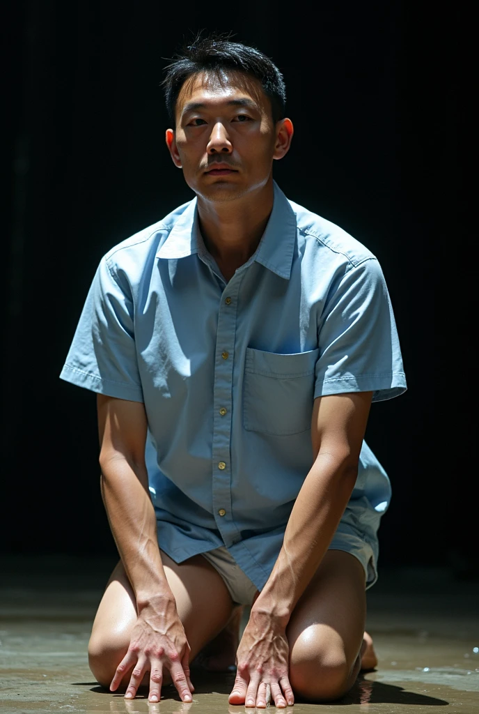 Handsome Japanese man with his feet tied with duct tape while wearing shoes