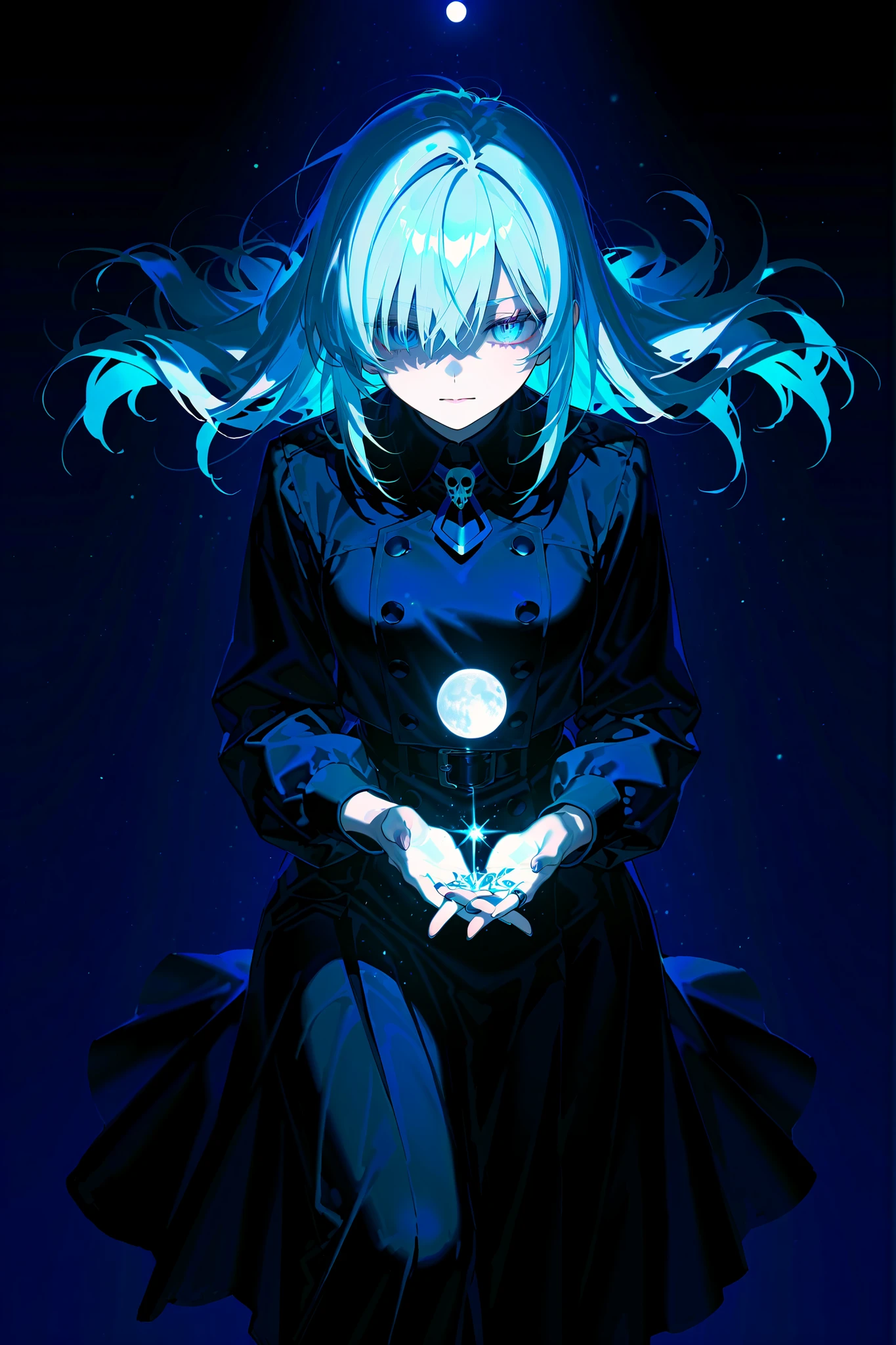 Moon, tall and wise woman, shrouded in mystery, gracefully stood on the endless shore of the black ocean. Her pale silhouette was illuminated by moonlight. She held an ice sword in her hand, like a work of art. Her face, full of expression and depth, it looked like a silhouette, emerging from the center of darkness. Her eyes are the reflection of the moon, reflective awareness of suffering. There is a clearly visible scar on one eye. Her thin eyebrows add emphasis, and long, flowing bright silver hair, falling over the shoulder, contrast with the dark background. She was dressed in a male pirate captain's outfit. A silver ring sparkled on her finger, adult, 26 years old