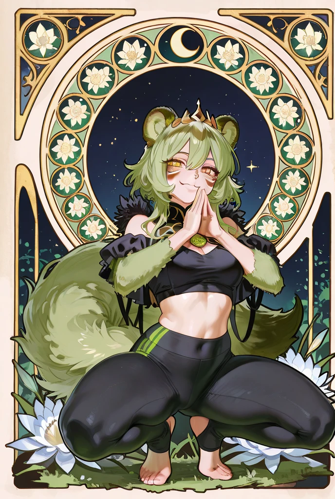 score_9, score_8_up, score_7_up, score_6_up, score_5_up, 4t4r, inu-sama, by dogsmith, 1girl, solo, Kitsune, fox girl, fox tails, multiple tails, fox ears, bard, leather armor, armored leather pants, dancer clothes, vicious smile, green eyes, perfect face, beautiful face, long eyelashes, thick hair, thick lips, curvy, athletic, midriff, defined muscles, big breasts, ((thick thighs)), big thighs, good_hands, short hair, reddish brown hair, bangles and jewelry, flashy earrings.