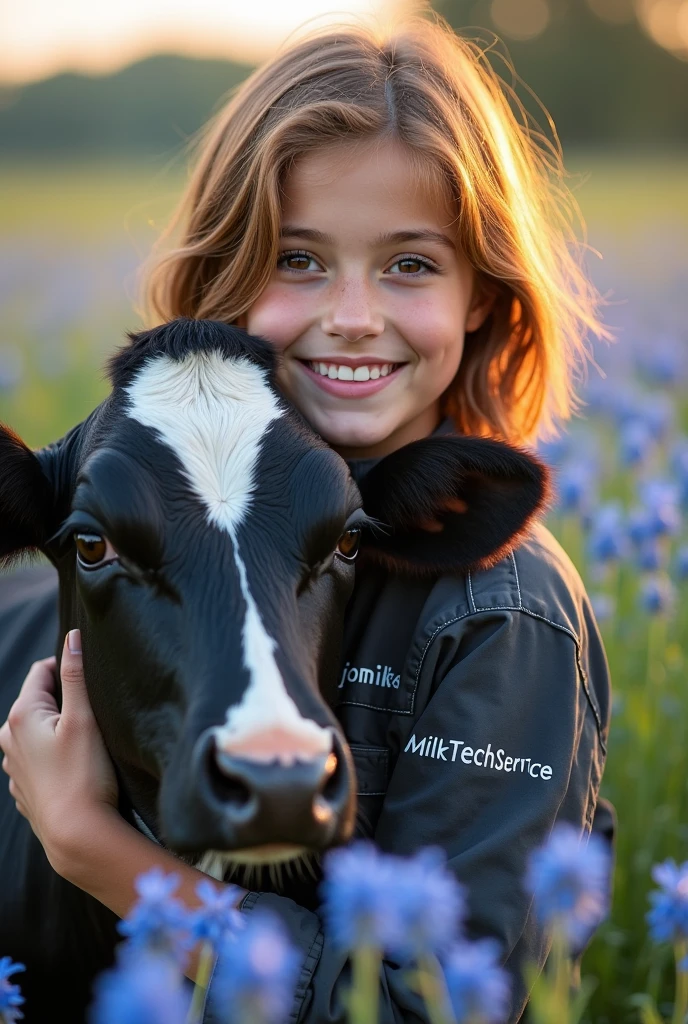 A young girl with brown hair in a blue sleeveless dress, smiling and posing closely with a brown calf wearing a harness. They are outdoors on a sunny day, with a blue sky and some structures faintly visible in the background. The photograph captures a moment of connection and warmth between the girl and the calf