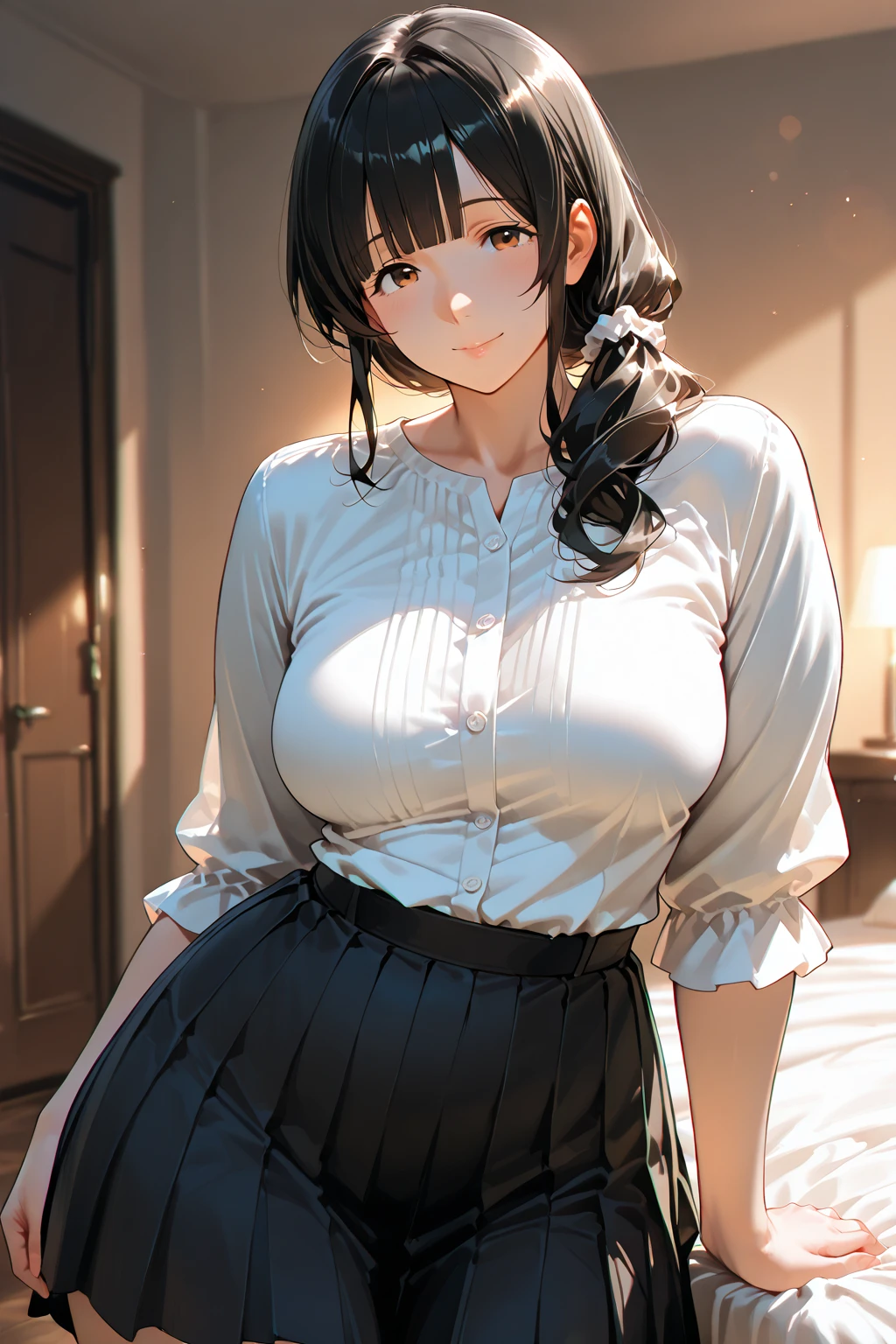 ((masutepiece, Best Quality, hight resolution, nffsw, Perfect Pixel, 4K, nffsw, nffsw))), 1girl in, Single, Solo, Beautie、full body seen、 ((Middle Wave Hair, Bangs, Brown hair)), ((Brown-eyed, Beautiful eyelashes, Realistic eyes)), ((Detailed face, Blushing:1.2)), ((Smooth texture:0.75, Realistic texture:0.65, Photorealistic:1.1, Anime CG style)), medium breasts, Dynamic Angle, Perfect body, ((Santa Claus Costume、Red knitted hat、red and white off shoulder sweater、red and white flared skirt、Black garter stockings、Kamimei、Shy smile、See-through nipples)), Classrooms without people、Sit on a desk、Lower'I took my foot off the desk........................、early evening、、((Angle looking up from below))、Very embarrassing panic smile、Lift your chest with your hands、Open both legs、Open your knees wide、sexy pink floral lace panties)、