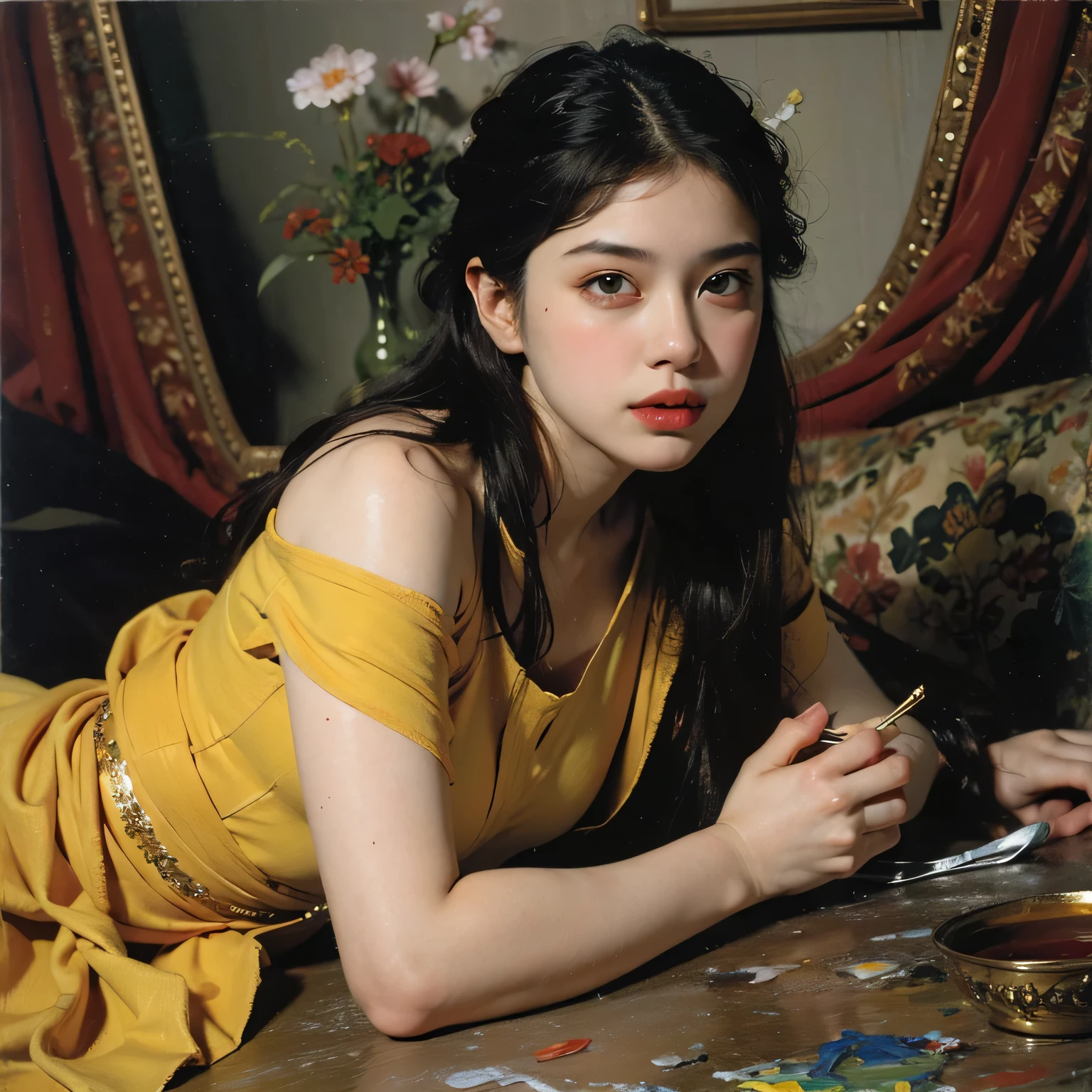 (oil painting:1.5), \\ a woman with (long curtly hair ), ((green eyes)) is lie on the ground , peony, (amy sol:0.248), yellow, with skirt,(stanley artgerm lau:0.106), (a detailed painting:0.353), (gothic art:0.106)
