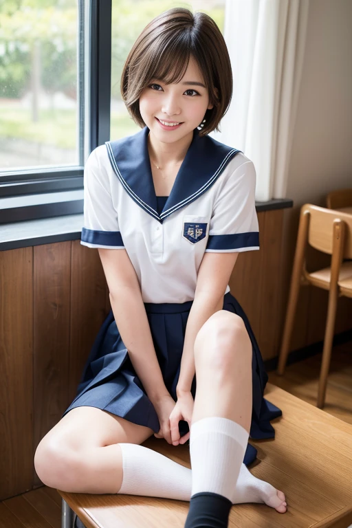 ((Best of the highest quality, 8k, Masterpiece: 1.3, raw photo)), Sharp focus: 1.2, (1 AESPA girl: 1.1), (Solo: 1.18), (realistic, photo-realistic:1.37), face focus, cute face, finely eyes, (Small breasts, flat chest, Thigh: 1.3), (wearing blazer school uniform dress:1.32), (multilayer-skirt), ((ribbon, frills):1.38), (thigh boots:1.2), short messy hair, updo, (sitting on bed, from below, garden: 1.32)