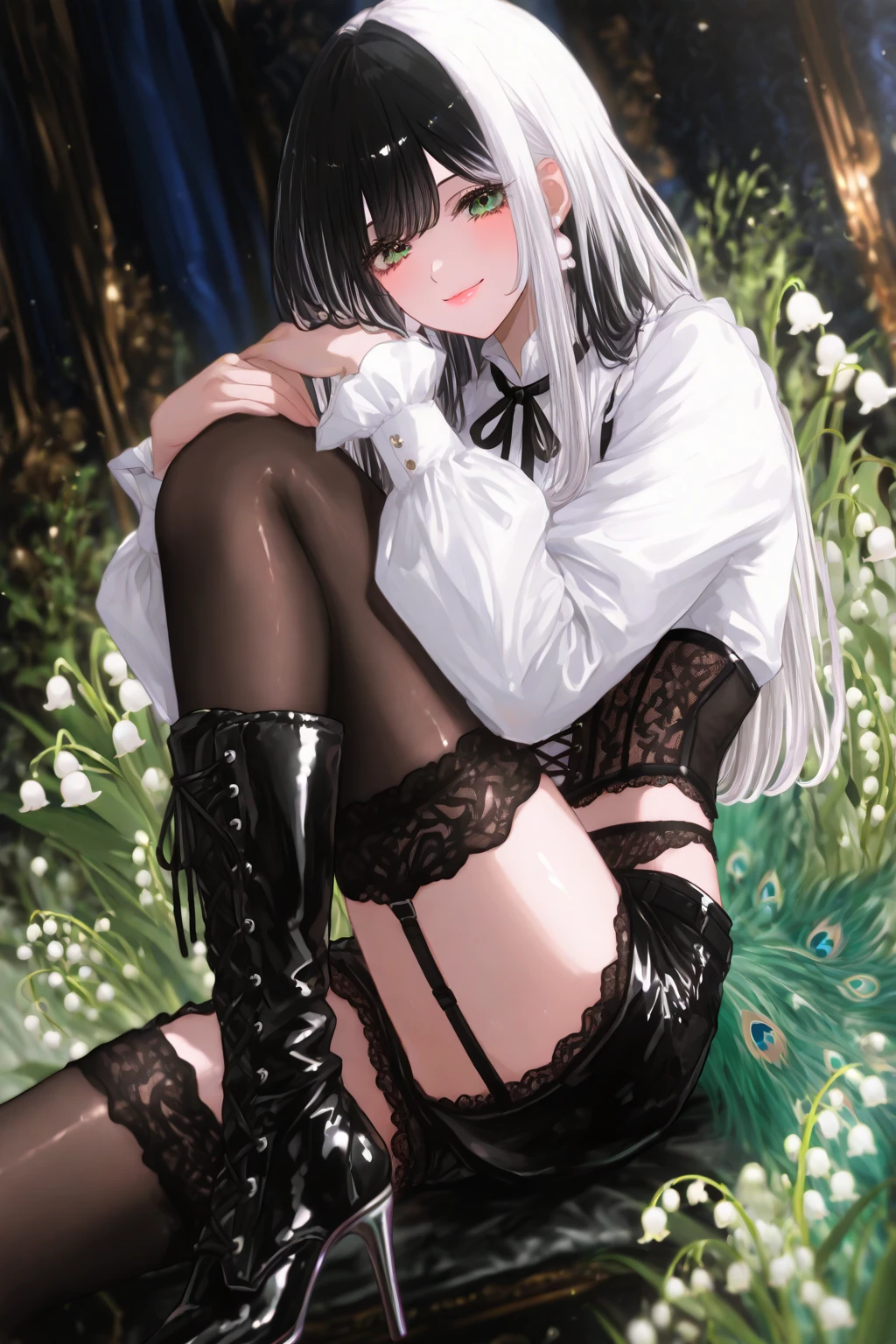lighting like a movie、top-quality、Lie down on the pasture and spread your legs、a miniskirt、white panties、Spread your legs apart、spread legswide、white hair、Gothic Lolita clothes、embarrassed from、Small white panties、