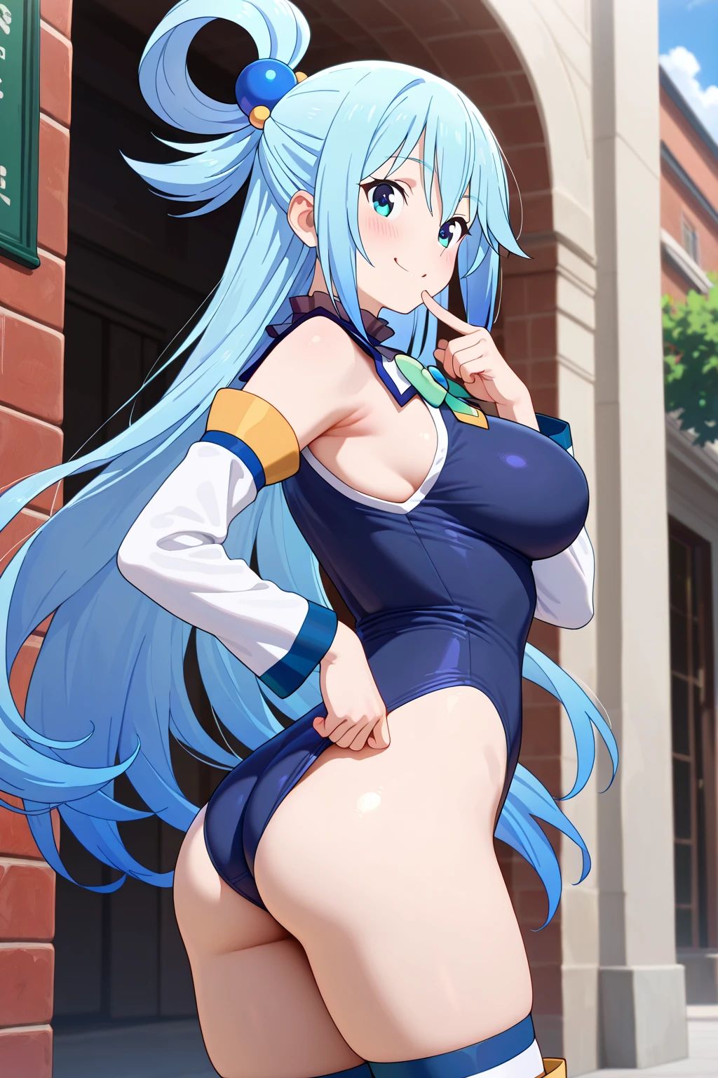 1girl, alone, aqua, (masterpiece, best quality: 1.2), blush, smile, long hair, blue hair, blue eyes, smile, closed mouth, mocking grimace, hand holding waistband, full body, sexy body, looking at viewer, looking back, from behind, ass focus, pov (from below), hold, wine bottle, hair rings, big breasts, medium waist, wide hips, wide thighs, round butt, blue shirt, bow, sleeves short, blue skirt with yellow details, short skirt, bare thighs, bare shoulders, perfect anatomy, perfect hands