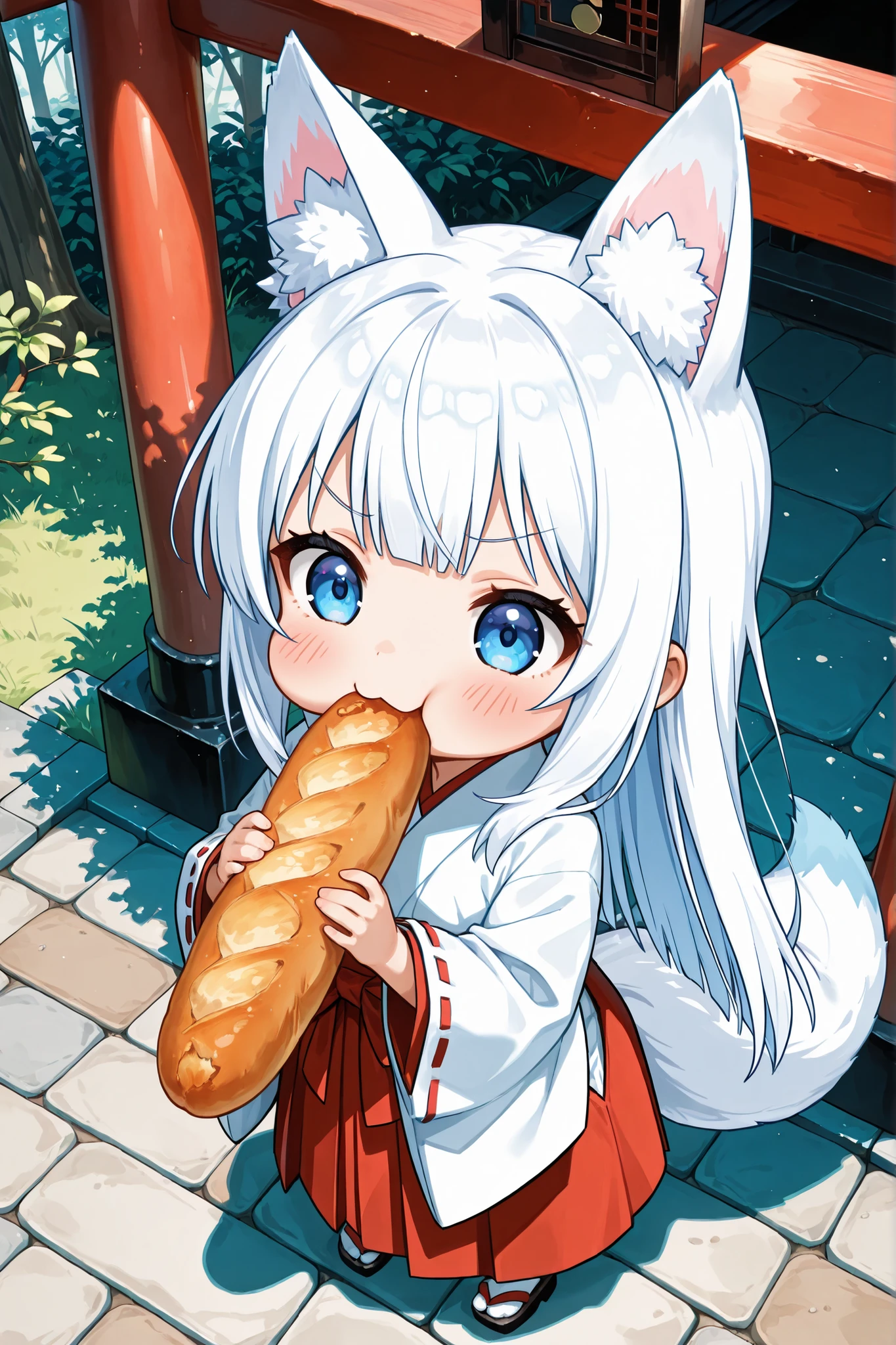 ((Masterpiece)),((best quality)),((incredibly absurdres)),((8K)),(anime style),
(1 chibi girl),((Deformed chibi)),solo,white hair,long hair,straight hair,blue eyes,baby face,cute,kawaii,BREAK (white fox tail),(white fox ears),white ear hair,pink inner ear,
(miko),a chibi girl wearing a Maiden miko outfit,wide sleeves,
(:3),smile,facing ahead,blush,
(eating a baguette),(holding a baguette),(swollen cheeks),(pout cheek),
a serene Shinto shrine bathed in warm morning sunlight, gentle sunbeams filtering through tall cedar trees, soft glow illuminating the moss-covered stone path, traditional torii gate in the background,
full body,from front,from above,portrait,close-up,