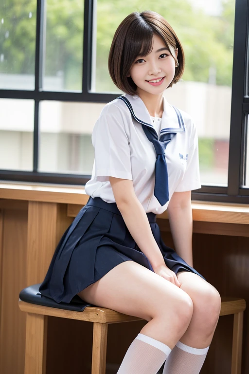 Woman in school uniform is leaning on a chair, (1.2 (1.2 (1 Japan schoolgirl posing)), Japan school uniform, Japan school uniform, Japan girl uniform, cute schoolgirl, wearing school uniform, in school classroom, in classroom ((Realistic light, top quality, 8K, masterpiece: 1.3)), 1 girl, Japan woman, slim beauty: 1.4, Abs: 1.1, (brown hair, middle breast: 1.3), , super beautiful face, delicate eyes, double eyelids, smile, short cut, short hair, fair skin, big, long lashes, (((pure white underwear 1.2)), (navy blue socks 1.3)), one girl, (white short-sleeved blouse 1.2)), (schoolgirl wearing navy blue socks 1.2)), gingham check pleated skirt, Thin thighs, arms behind back, ((Normal Japan High School Girl Uniform 1.2)), ((Legs Spread Pose 1.3))