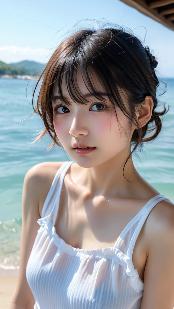One Girl,(1人のとてもcute女の子:1.3),(((thin and delicate body:1.3))),masterpiece,Highest quality,High resolution,From below,Low - Angle,Photorealistic,RAW Photos,Ray Tracing,beautiful girl,(10 years old:1.3),cute,Big eyes,(detailed pupils:1.2),(The face is facing straight ahead:1.3),Body facing forward,Beautiful nose,High nose,Upturned nose,Fuller lips,Short black hair,ponytail,short hair,Slim Body,Narrow waist,Small hips,Thin legs,Beautiful feet,Slender legs,barefoot,Detailed eyelashes,Thin eyebrows,Very fine grain definition,(Symmetrical eyes:1.3),(whole bodyフルボディ,Whole body:1.0),Small breasts,Short neck,White swimsuit,White Bikini,The background is the sea,Southern Island,sunset,Sunset,Portrait,View Viewer,whole body,Cinema Lighting,High resolution,Very detailed