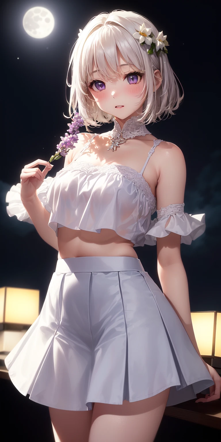 realistic, 1girl, white hair, purple eyes, glowing eyes, crop top, super short skirt, parted lips, blush, night, flowers, sun, sunlight, big hips, big 