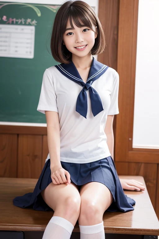 (8K, best quality, masterpiece:1.2), (realistic, photo-realistic:1.37), (high color saturation:1.0), (highly detailed skin), (highest quality:1.0), (ultra high resolution:1.0) ,(realistic:1.0), (Super detailed:1.0), (8K, Raw photo:1.1)、standing random pose, smiling, natural breast, perfect lighting, ((3girls students)), 18years old, (mysterious), clear and detailed, ((school_uniform, Japanese sailor uniform, flared skirt)), (classroom), cute face, (panties), open legs, squat pose,