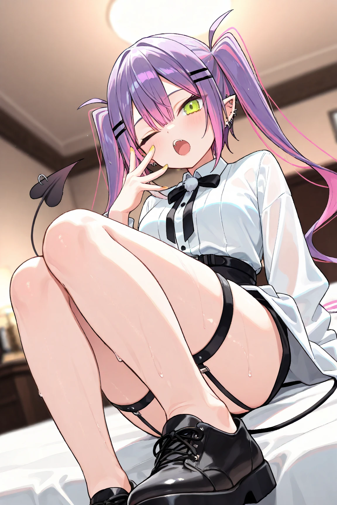 NSFW,I entered Sajnajuju.,Pink Hair、Pink Eyes、Long Hair、Two Side Up,Small breasts,Embarrassed,blush,In heat,Expectant gaze,Black cabaret dress,Off the shoulder,race,See-through dress,(Perfect hands),(Perfect Anatomy),(masterpiece),(highest quality),night,Cabaret Club,Dimly lit room,sofa,Private room,Leg spread,orgasm