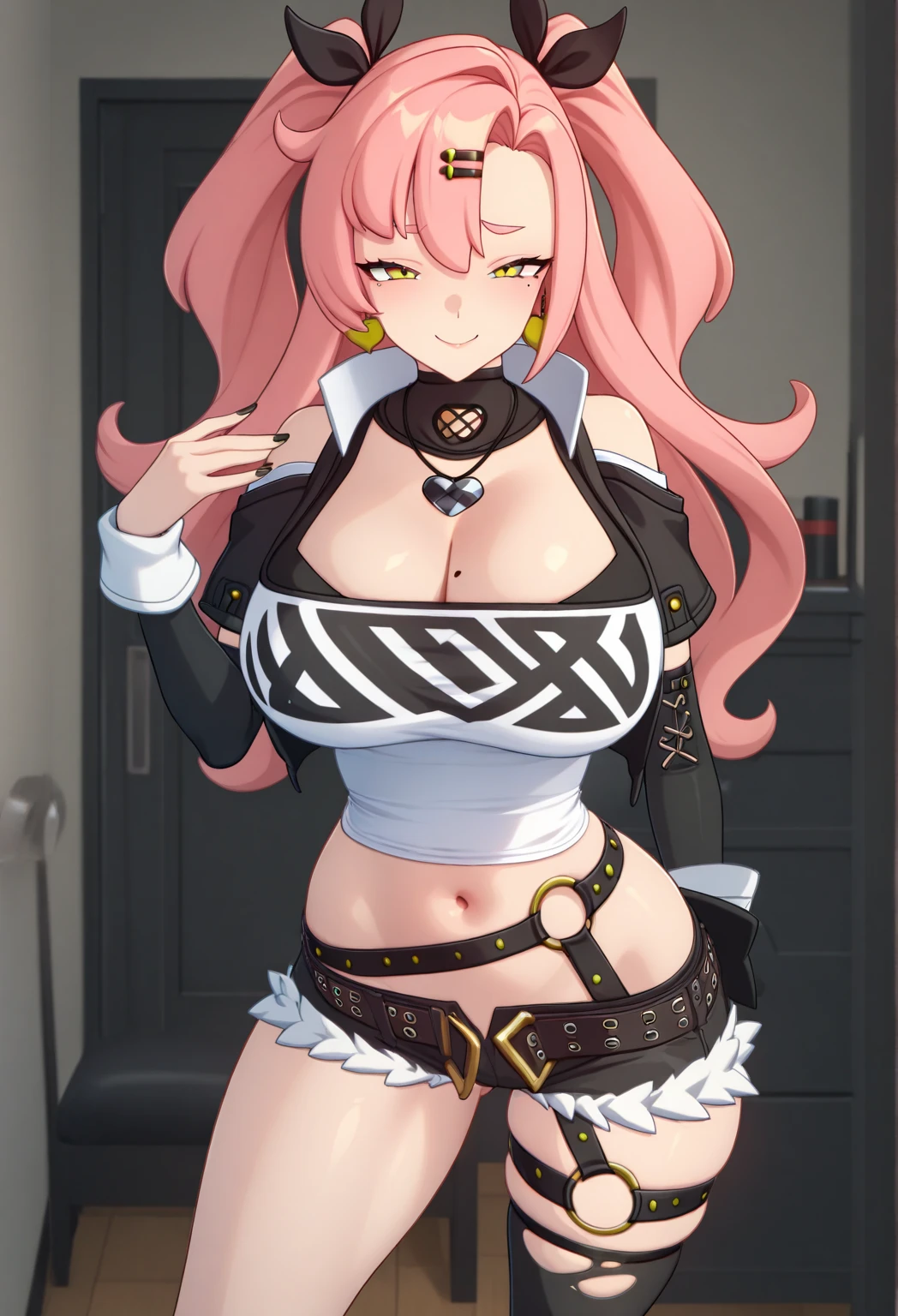 Anime Kawaii sexy Perfect Slim sensual body large breast and huge thighs, An intricate and highly detailed illustration of anime (Young girl). female, standing, direct, 1 girl, looking ahead at viewer, handcuffs on the hands, with a collar around the neck, slave, posição standings para cima, ((black choker, Handcuffs on legs and arms)) show ass, Fur trim, own hands together grabbing your own buttocks
