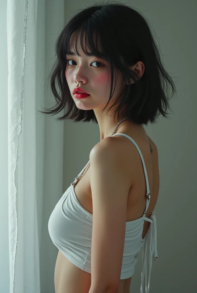 (:1.5), (Young Girl:1.5),Young face,Sweet and beautiful, short, Messy Hair,  fringe, Grand Front, Black Hair, Shy behavior,Choker around the neck, White underwear, Bright green eyes, Seductive lips, discount, (very cute), Light-looking abdomen, Small breasts,Cute white panties, Standing by the window, Look outward, Beautiful feet, Mascara Agent, barefoot, Biting your lip, Red lipstick&#39;Not yet dry, Artistic photography style, Expressive, (Full body image) , ((Superior Quality)), ((masterpiece))