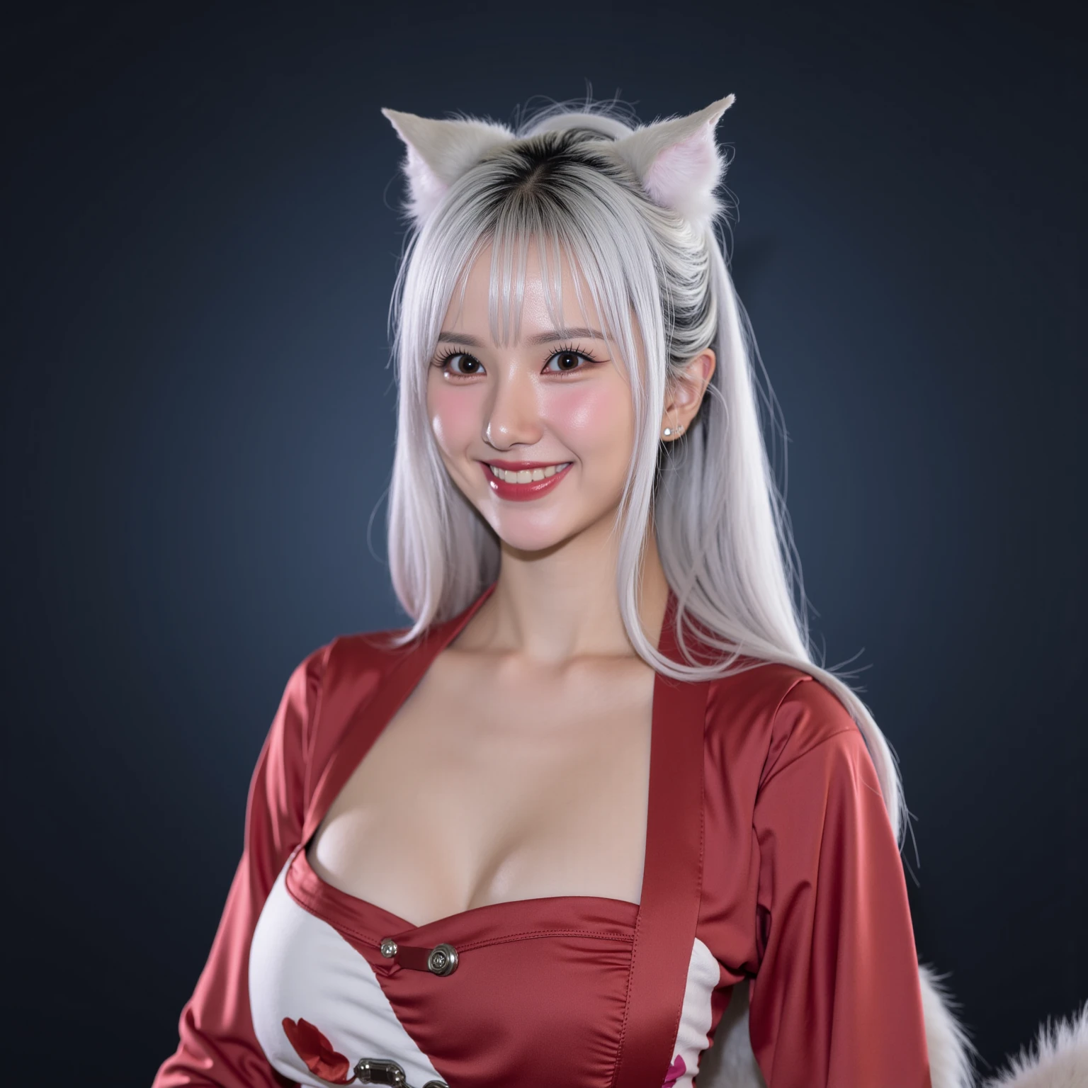 (Canon RF85mm f/1.2), (8k, RAW photos, ultra high quality), (masterpiece), (realistic, photograph realistic), (ultra-detailed, High detail, Best image quality, super detailed, high resolution, Very detailed, Extreme detail description, hyperdetailed painting, An extremely delicate and beautiful work), (Fox ears white hair girl, full body), (Painting of a fox with white hair sitting on a branch, ethereal fox, nine tail fox, Fox nine-tailed fox), A beautiful artwork illustration, Inspired by the mythical creature wilderness, mythological creatures, red coat, Breast enlargement, cleavage, Raised, ((nipple)), Get wet all over your body, Pose with your breast facing you, Beautiful digital artwork, Exquisite digital illustration, dim lights, horror theme, Dark atmosphere, (Affectionate gaze, soulful eyes, realistic eyes), (beautiful and clear eyes), ((smile with dimpled:1.2)), ((looking at audience:1.2))