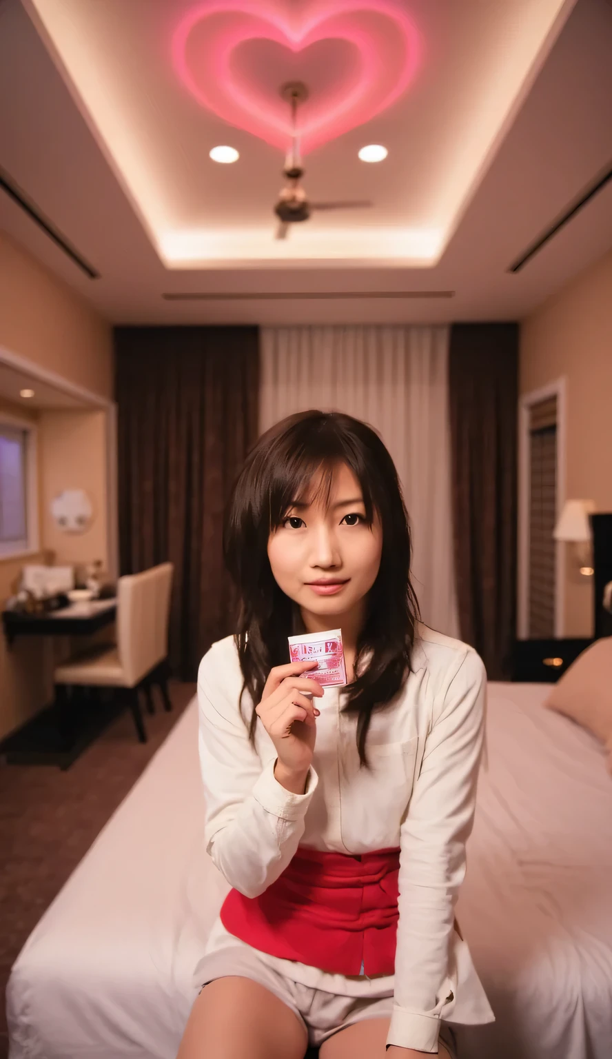 realistic, photorealistic, super high resolution, Hi-Res, high detail, 8k, clearly depict the subject, One Girl, where, 20 years old, 158cm, A happy expression , stare at the viewer, bust grab, ((and pick the condom packaging in your right hand、Lift it up in front of you)),(LOVE HOTEL) bedの上で, hearts, silk, bedroom, reflection, mirror, pillow, bed, table, curtain, ((romantic scenes)), purple, ceiling light, dramatic lighting, shape of hearts, neon lights,