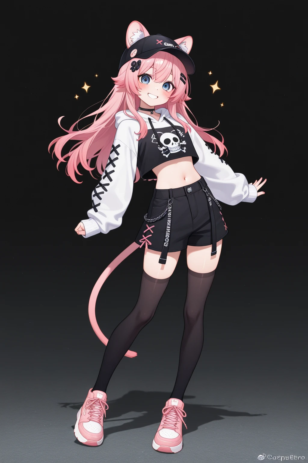 1girl,tokoyami towa,virtual youtuber,solo,piercing,long hair,green eyes,twintails,purple hair,tail,shorts,hat,fishnets,navel piercing,hands on hips,single thighhigh,cropped jacket,navel,multicolored hair,smile,full body,horns,demon tail,shoes,hairclip,looking at viewer,black shorts,midriff,choker,pink hair,tail ornament,jacket,black headwear,white jacket,fake horns,tail piercing,thighhighs,horned headwear,ear piercing,hair ornament,short shorts,white background,simple background,baseball cap,black choker,off shoulder,crop top,bibi (tokoyami towa),o-ring choker,grin,belt,asymmetrical legwear,sneakers,o-ring,pointy ears,long sleeves,legwear garter,black footwear,barbell piercing,fishnet thighhighs,uneven legwear,streaked hair,nail polish,standing,industrial piercing,collarbone,black tank top,multicolored nails,heart tattoo,tank top,bare shoulders,sidelocks,pink nails,thigh strap,breasts,two-tone hair,bandaid,bangs,mismatched footwear,bandaid on leg,asymmetrical footwear,