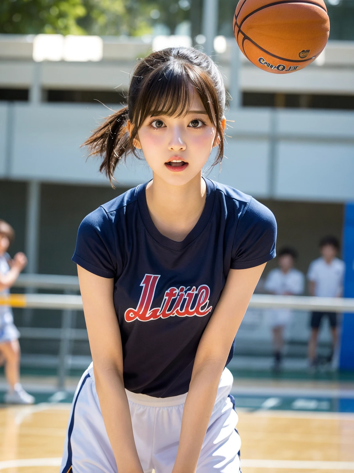 (((top-quality、8K、​masterpiece:1.3))、sharp:1.2、Perfect Body Beauty:1.4、medium breasts⁩、((((Layered Hair Style、Medium Breath:1.2))、Highly detailed facial and skin texture、A detailed eye、二重まぶた、(Basketball court)basketball、Basketball Uniforms