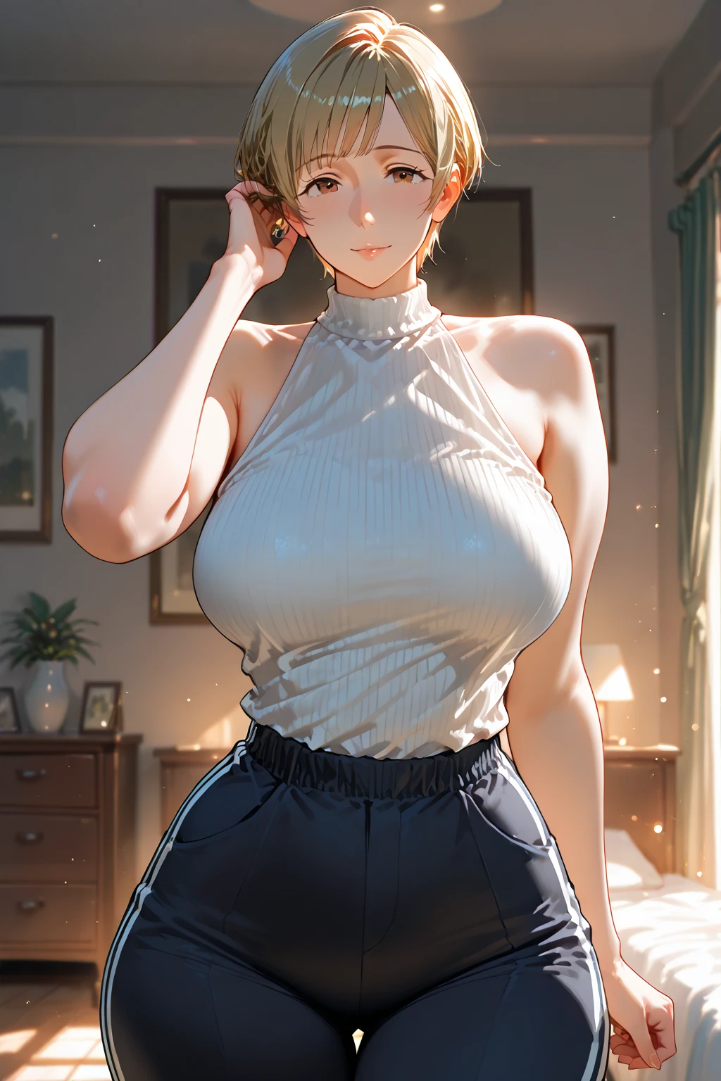 nobara from jujutsu kaisen anime, short hair, beautiful, beautiful woman, perfect body, perfect breasts, wearing white tanktop, long jeans, wearing watch, wearing earrings, on campus, looking at the audience , slight smile , realism , masterpiece , textured skin , super detailed , high detail , high quality , best quality , 1080p , 16k, one hand raised, armpits, armpits visible, dripping with sweat, more more sweat, sweaty armpits.