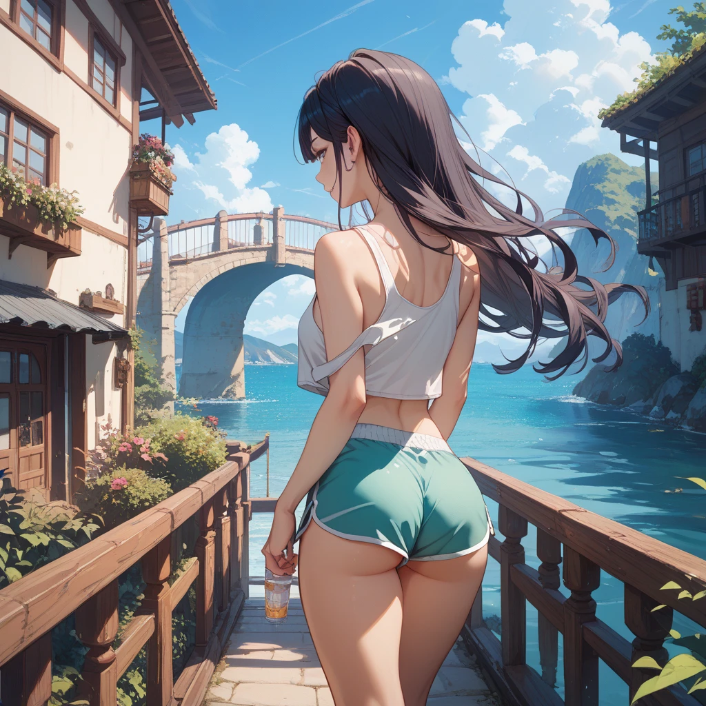 (8k, RAW foto, mejor calidad, (Obra maestra, super high quality, super detailed), anime style paisaje, chica joven, Absoluto, velas escarlatas, girl looking at the sea from the coast, camera looking at the sea, detalles intrincados, sailing ship with velas escarlatas, Una escena de una novela de Alexander Greene. "velas escarlatas" imagen de medio cuerpo, A beautiful women posing for a photograph in an alley, brown ponytail, golpes, risa feliz, blue eyes, Cuerpo magro musculoso, perfect anatomy, Looking to the camera, Time of the day, cielo azul, estilo animado, al aire libre, tendencia en artstation, Oh!, sakimichan muy sensual, con ropa original cuerpo entero, muy realista, extremadamente realista, extremadamente sexy, 8k, 8k extremadamente detallado), (un extremadamente delicado y hermoso), (obra maestra), (mejor calidad: 1.0), (ultra high resolution:1.0)