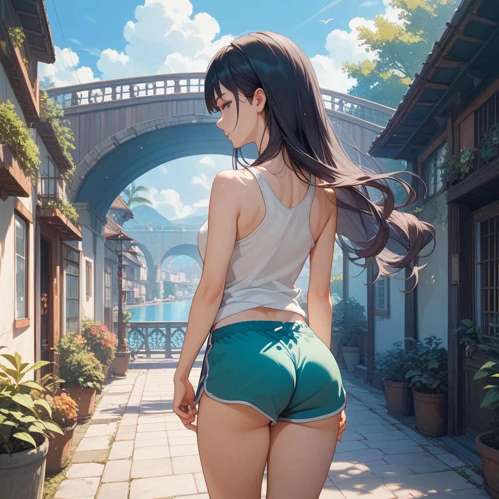 Anime Korean girl with huge ass standing in front of a castle, very thin, thin, thin waist, huge breasts, Japanese goddess, lit from behind, Tithi Luadthong, beautiful anime girl without clothes,, whole body, long socks, no pants, small panties, extremely detailed Artgerm, Alena Aenami and Artgerm, trend in CGstation, Artgerm and Atey Ghailan, Wlop and Sakimichan, Thicc, Fanart Best Artstation