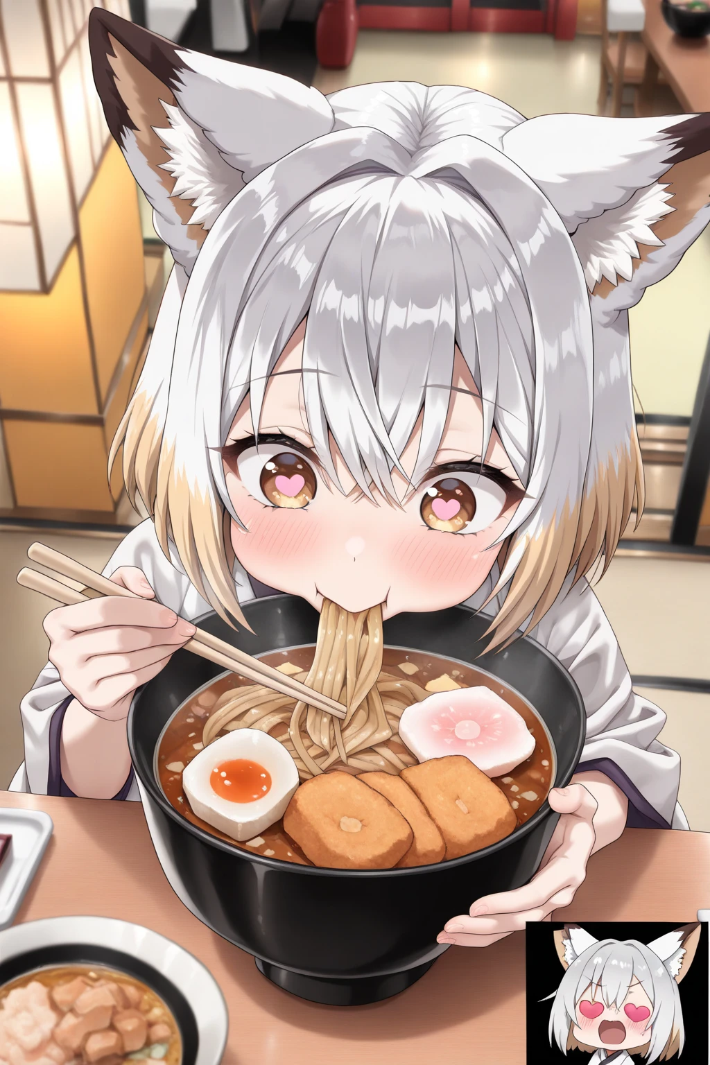 Masterpiece, small breasts, (Nanachi), volumetric lighting, :D , sleeveless shirt, dramatic lighting, restaurant, table, pov, customers, reflective floor, tiled floor, lights, Ramen, close-up, character focus, serving_ramen,