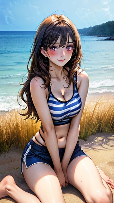 highest quality、Realistic、zoom、Chestnut Hair、Light blue eyes、Long Hair、Swimwear、Tanned black body、Tan、Brown Skin、slender、Sweat、smile、Ocean、