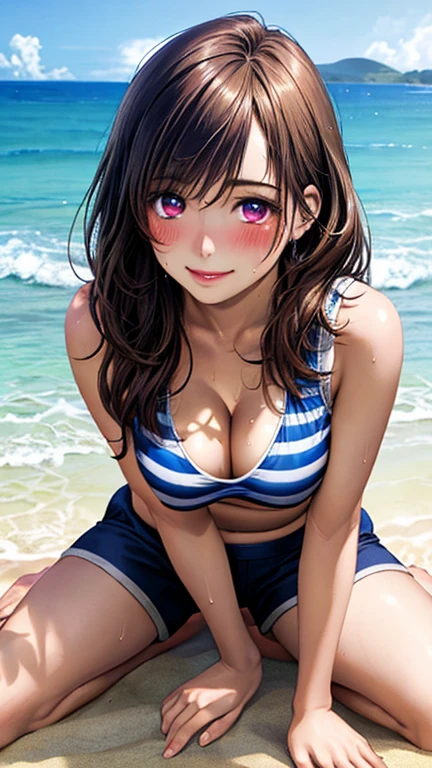 ((((perfect anatomy, super detailed skin)))), 1 girl, japanese, 25 years old, (detailed shiny skin:1.1), watching the view, naughty look, female face, hot face, slightly troubled look,
beautiful hair, beautiful face, beautiful detailed eyes, blue eyes, orange hair, (long hair:1.8), (side ponytail:1.7), bangs, hair between eye, (large breasts:0.7),
beautiful clavicle, beautiful body, beautiful chest, beautiful thigh, beautiful legs, beautiful detailed fingers, five fingers, babyface, breast, barefoot, barearms,
white and gray stripes bra, white and gray stripes panties, extremely sexy, seductive thighs, camel toe, sweat wet skin,
pink tank top, black miniskirt, necklace on the chest,
(beautiful scenery), shores, blue sky, bending forward, all fours, bending legs,
(8k, top-quality, masterpiece:1.2, extremely detailed), (photorealistic), beautiful illustration, cinematic lighting, ,