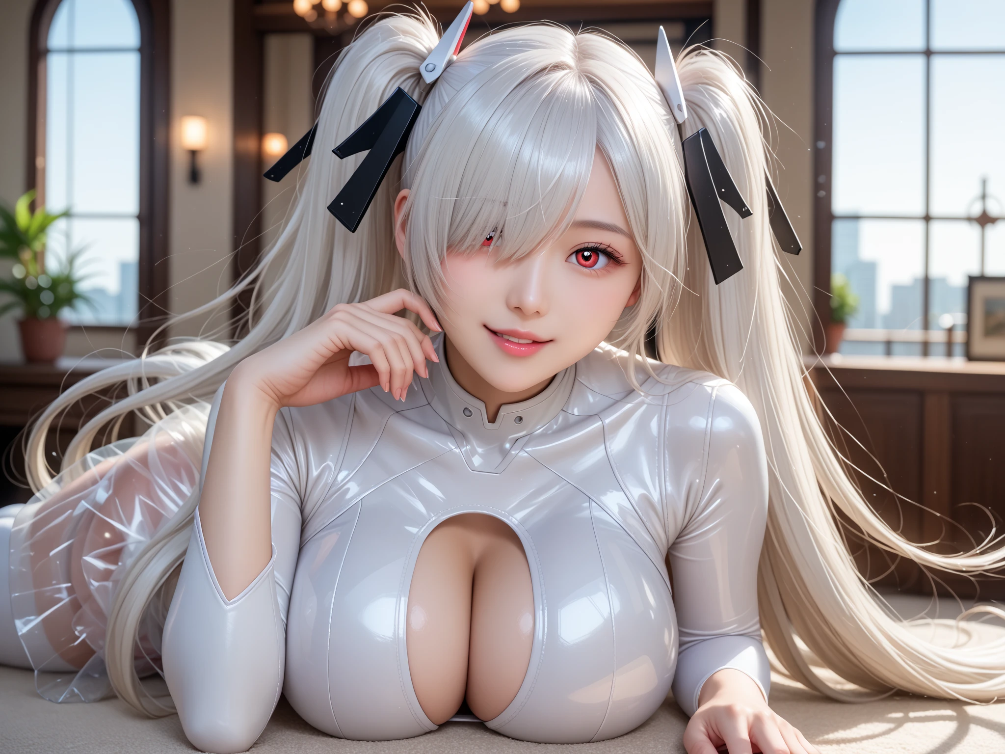 dominatrix girl, sadistic, big hair, strate hair, flat, tight dress, cute stomach, white dress, glasses