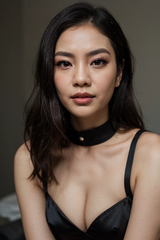 Un gros plan d'une femme asiatique japonaise avec un collier noir et du rouge à lèvres noir, wearing maquillage gothique, maquillage gothique, maquillage sombre, maquillage gothique, Eye-liner gothique, Porter un choker noir complexe, maquillage noir, maquillage sombre sur son visage, ambiance gothique, fille gothique coréenne cruelle, esthétique gothique, porter un tour de cou noir, porter des accessoires gothiques, esthétique gothique, ambiance d'horreur gothique, ultra maquille fard a paupière noir