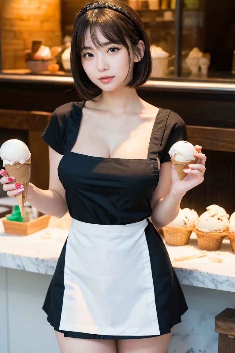 (((fifties style striped pattern waitress costume))),(((idol pose))),(((bare inner thigh))),(((Show cleavage))),(((pastel colored socks pumps))),ulzzang-6500-v1.1, (Raw photo:1.2), (Photo realistic:1.4), a beautiful detailed girl, extremely detailed eye and face, beautiful detailed eyes, ultra-detailed, High resolution, top-quality, masterpiece, highly detailed, 8k wallpaper, Wonderful, finely detail, top-quality, (retro pop diner), Beautiful eyes, smile, Opening Mouth