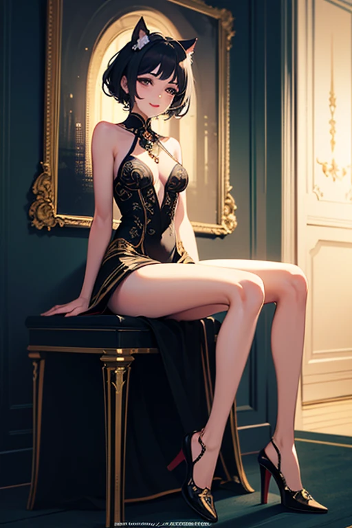 A glamorous girl in modern fashionable clothes is sitting in a rattan chair. Masterpiece, top-quality, realistic, ultra-detailliert, dark short hair, Brown-eyed, slender, high resolution, depth of fields, beautiful and slender body, high-heeled shoes on her feet