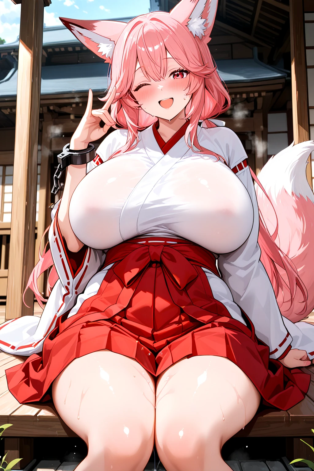 Masterpiece, high quality, yae miko, squatting, big breasts, busty, sexy, wide hips, pink hair, purple eyes, hair ornament, long hair, white and red yukata, outdoor, wet, thick thighs, realistic, from below, shiny skin, detailed, horny, wet pussy, pussy juice, dripping, squirting,