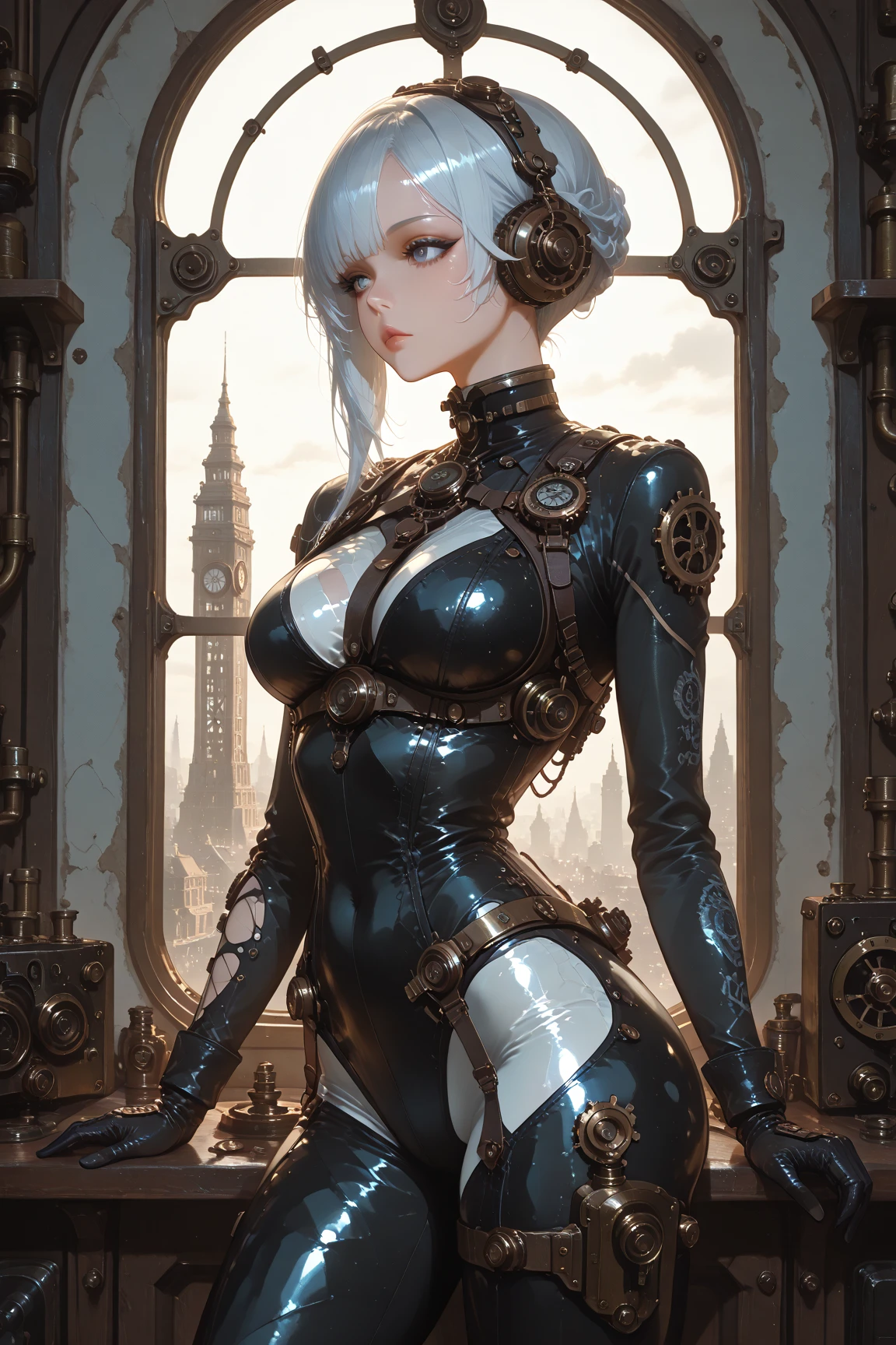 (masterpiece, top quality, best quality, official art, beautiful and aesthetic:1.3), (1girl:1.3), extreme detailed,colorful,highest detailed,((ultra-detailed)), (highly detailed CG illustration), ((an extremely delicate and beautiful)),cinematic light,((1mechanical girl)),((nude)),solo,full body,(steampunk),(machine made joints:1.2),(mechanical limbs),(blood vessels connected to tubes),((mechanical cervial attaching to neck)),(sitting),expressionless,wires and cables attaching to neck,wires and cables on head,,science fiction,mechanical city, active pose