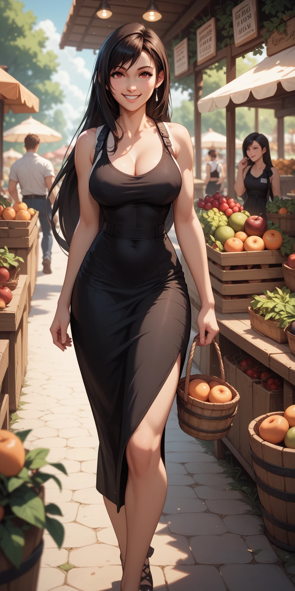 a thick Malay woman(age 30),huge breasts,black hijab,black mini skirt,no panties,string bikini top,knee high boots,shopping in market,illustration,vivid colors,highres,physically-based rendering,detailed face features,beautiful eyes,detailed lips,expressive face,intense gaze,confident posture,colorful fruits and vegetables,exotic spices,fresh fish and seafood,filled market stalls,bustling crowd,sunny weather,bustling market stands"