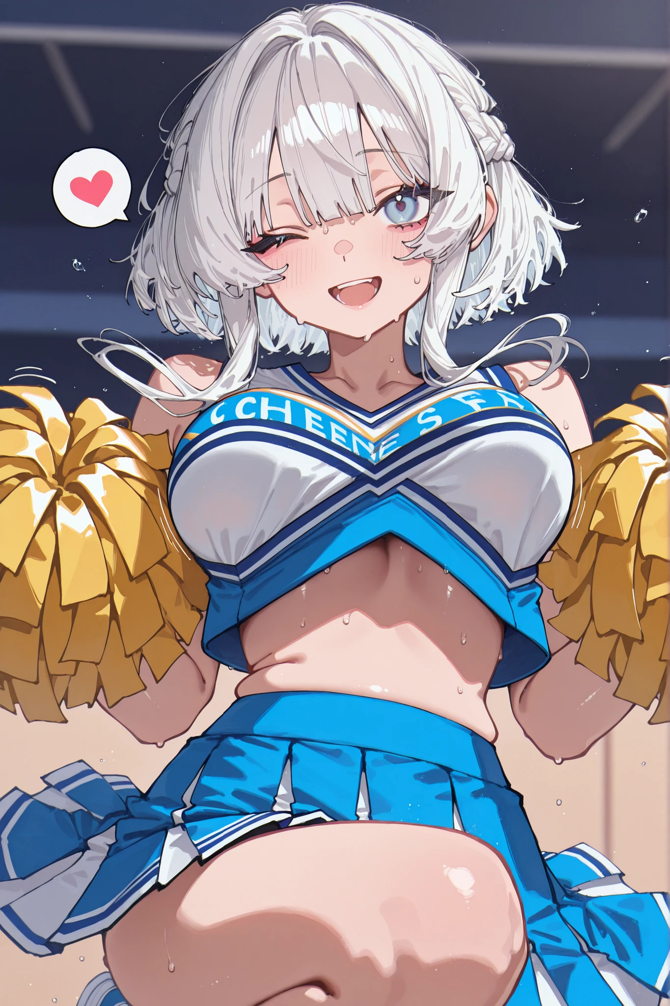 whnzz, enosan, masterpiece, high quality, best quality, detailed eyes, detailed hair, detailed skin, 8K, fine detail, (masterpiece:1.2, top quality), detailed background, masterpiece, Rutting Eyes, excessive soft breasts, aegyo sal, Masterpiece, Highest Quality, solo, yoneyama mai, blurry, chromatic aberration, portrait, close-up, aegyo sal, whnzz, mnmbcstyle, five fingers, white hair, long sidelocks, French braid, spoken heart, looking at viewer, short hair, light blue eyes, ((cheerleader)), having pom-pom, jumping, leg up, wink, one eye close, smile, open mouth, sweat, skirt, (bouncing breasts)