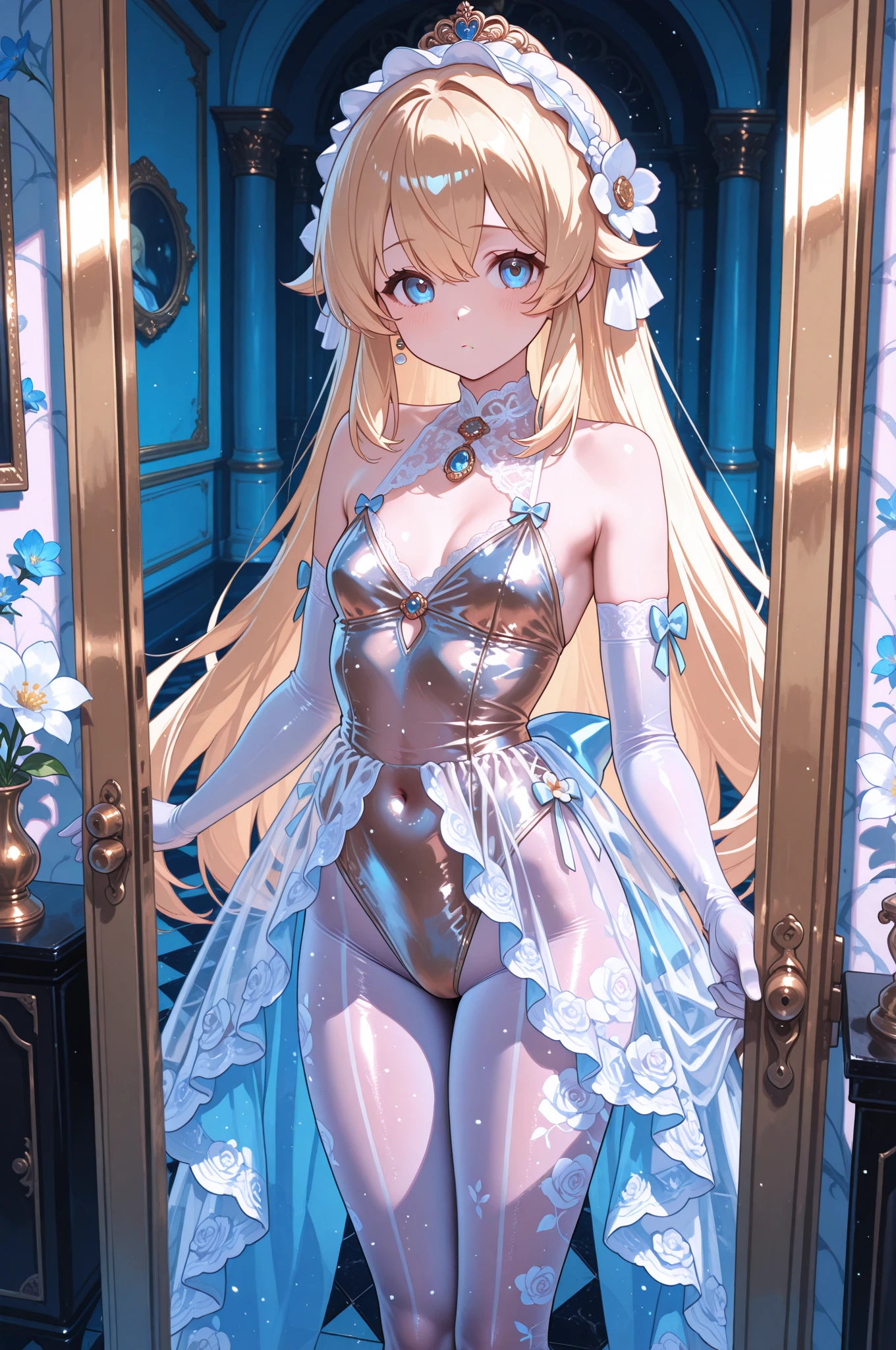 (RAW photo:1.2, photorealistic:1.3), masterpiece:1.4, best quality:1.3, Highest details:1.3, beautiful and aesthetic, extremely detailed CG unity 8k wallpaper,( vibrant colors:1.1), high resolution, (see-through:2.0) underwear and white short dress and a bow tie, anime visual of a cute girl, official character art, anime girl, official art, single character full body, anime full body illustration, full body portrait of a short!, female anime character, as an anime character, a-1 pictures, full body with costume, rei hiroe, anime best girl, blond bob hair, on the stage, dynamic pose, dancing, smile, stained panties, pee stained panties, panties, having armpit microphone
